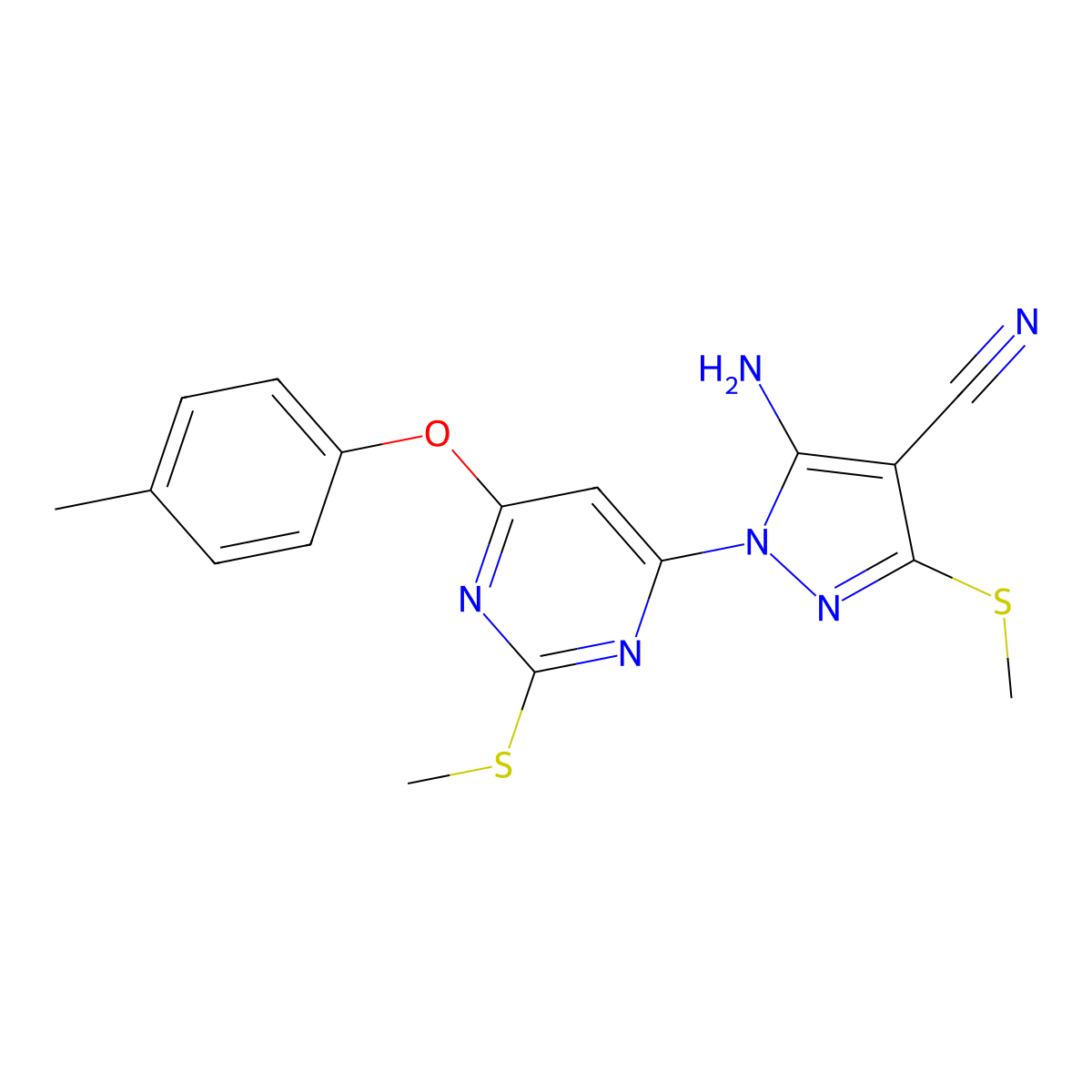 5-Amino-1-[6-(4-methylphenoxy)-2-(methylsulfanyl)pyrimidin-4-yl]-3-(methylsulfanyl)-1H-pyrazole-4-carbonitrile molecular structure, CAS 6472-29-3