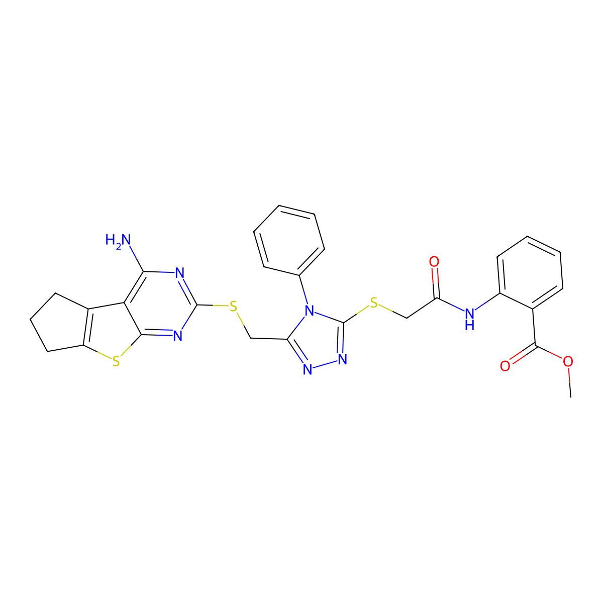 methyl 2-(2-((5-(((4-amino-6,7-dihydro-5H-cyclopenta[4,5]thieno[2,3-d]pyrimidin-2-yl)thio)methyl)-4-phenyl-4H-1,2,4-triazol-3-yl)thio)acetamido)benzoate molecular structure, CAS 647819-58-7