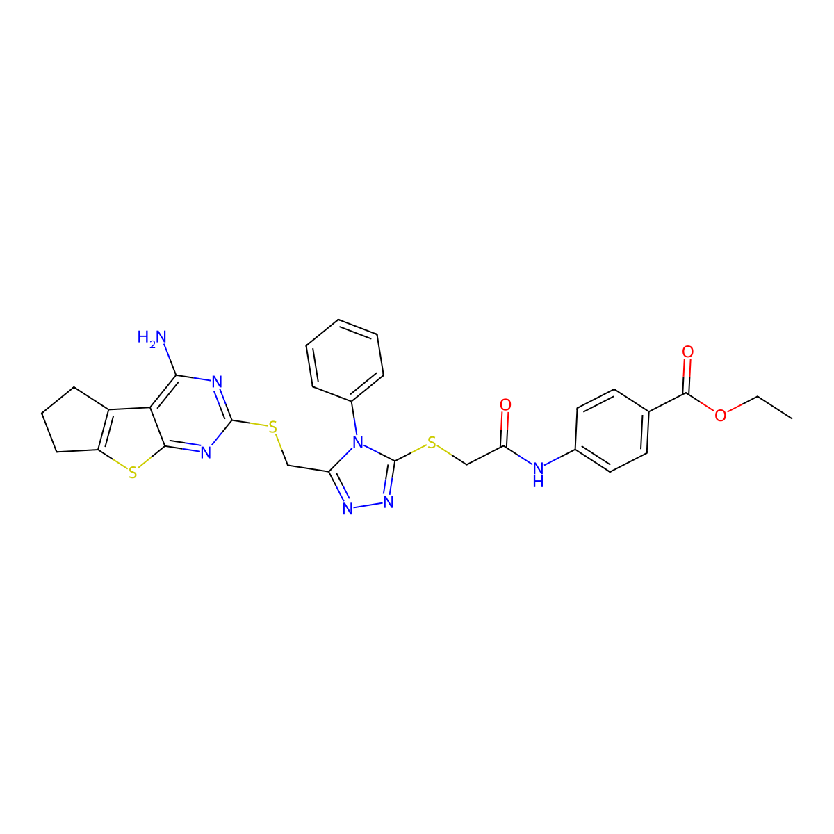 Ethyl 4-(2-{5-[(4-amino(5,6,7-trihydrocyclopenta[1,2-d]pyrimidino[4,5-b]thioph en-2-ylthio))methyl]-4-phenyl-1,2,4-triazol-3-ylthio}acetylamino)benzoate molecular structure, CAS 647819-59-8