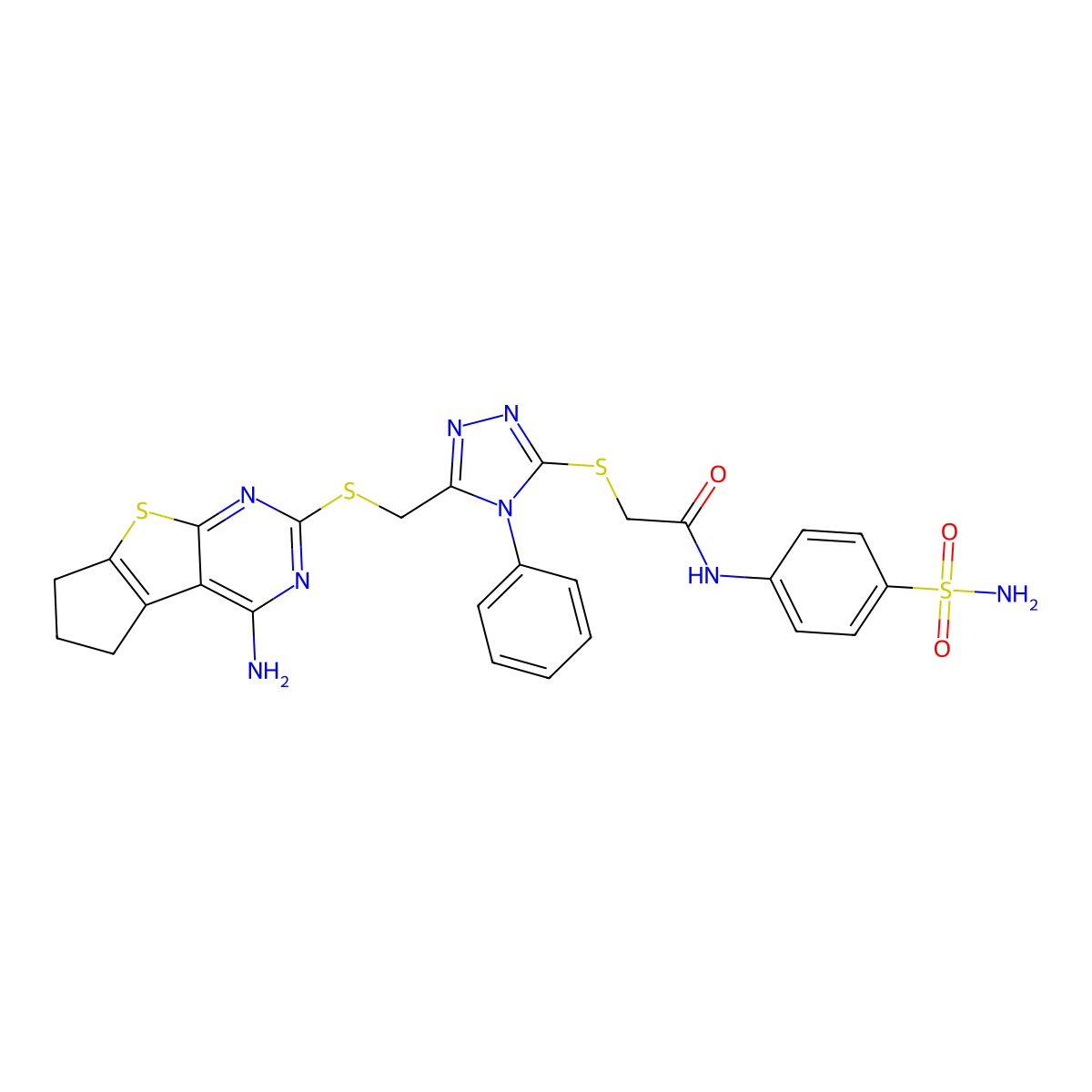 2-{5-[(4-amino(5,6,7-trihydrocyclopenta[1,2-d]pyrimidino[4,5-b]thiophen-2-ylth io))methyl]-4-phenyl(1,2,4-triazol-3-ylthio)}-N-(4-sulfamoylphenyl)acetamide molecular structure, CAS 647819-60-1