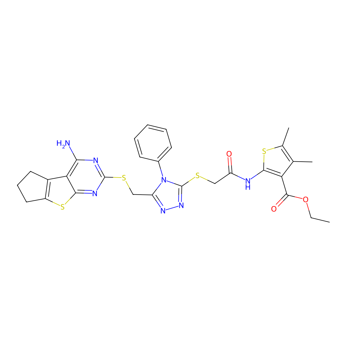 Ethyl 2-(2-{5-[(4-amino(5,6,7-trihydrocyclopenta[1,2-d]pyrimidino[4,5-b]thioph en-2-ylthio))methyl]-4-phenyl(1,2,4-triazol-3-ylthio)}acetylamino)-4,5-dimethy lthiophene-3-carboxylate molecular structure, CAS 647819-70-3