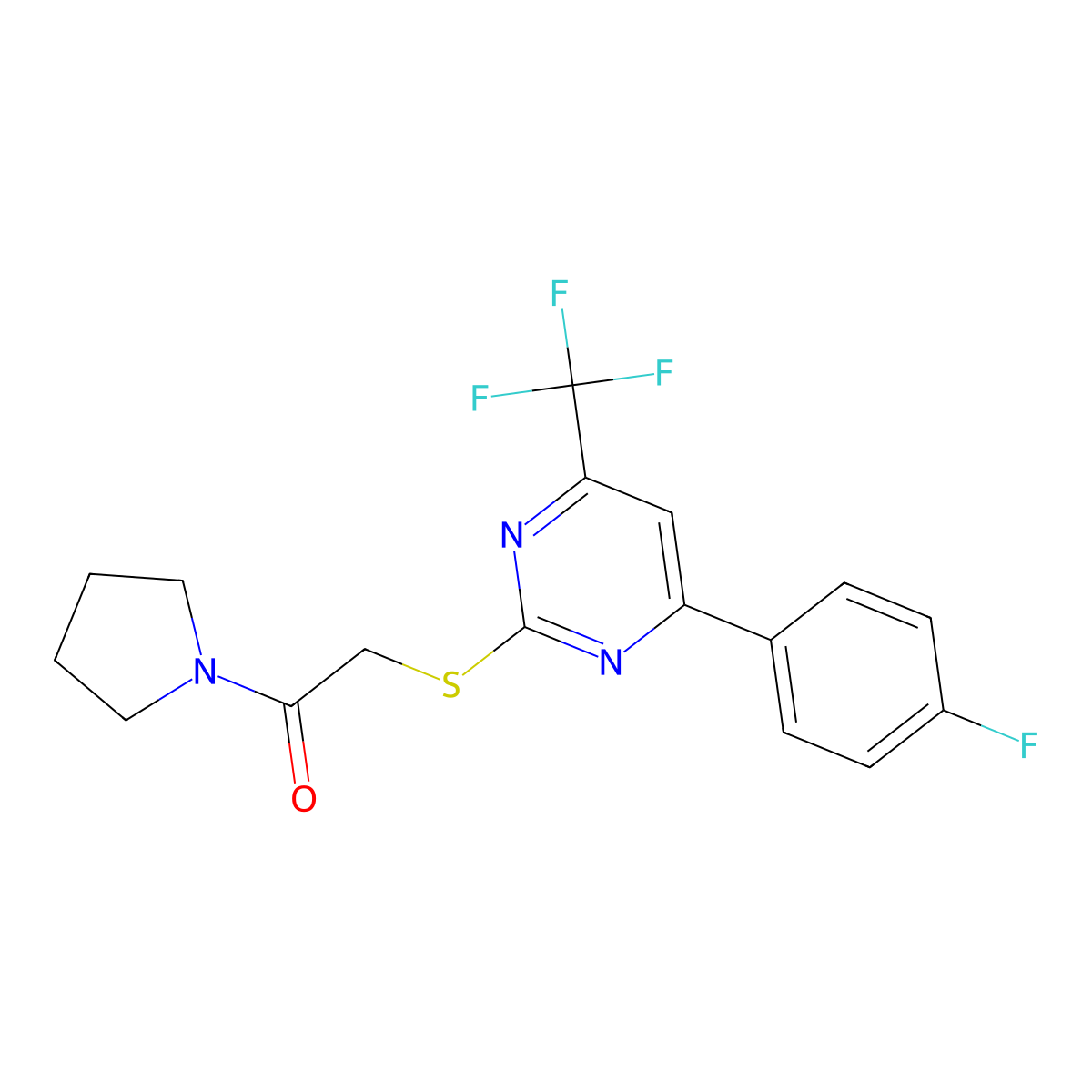 2-[4-(4-Fluorophenyl)-6-(trifluoromethyl)pyrimidin-2-yl]sulfanyl-1-pyrrolidin-1-ylethanone molecular structure, CAS 647819-79-2