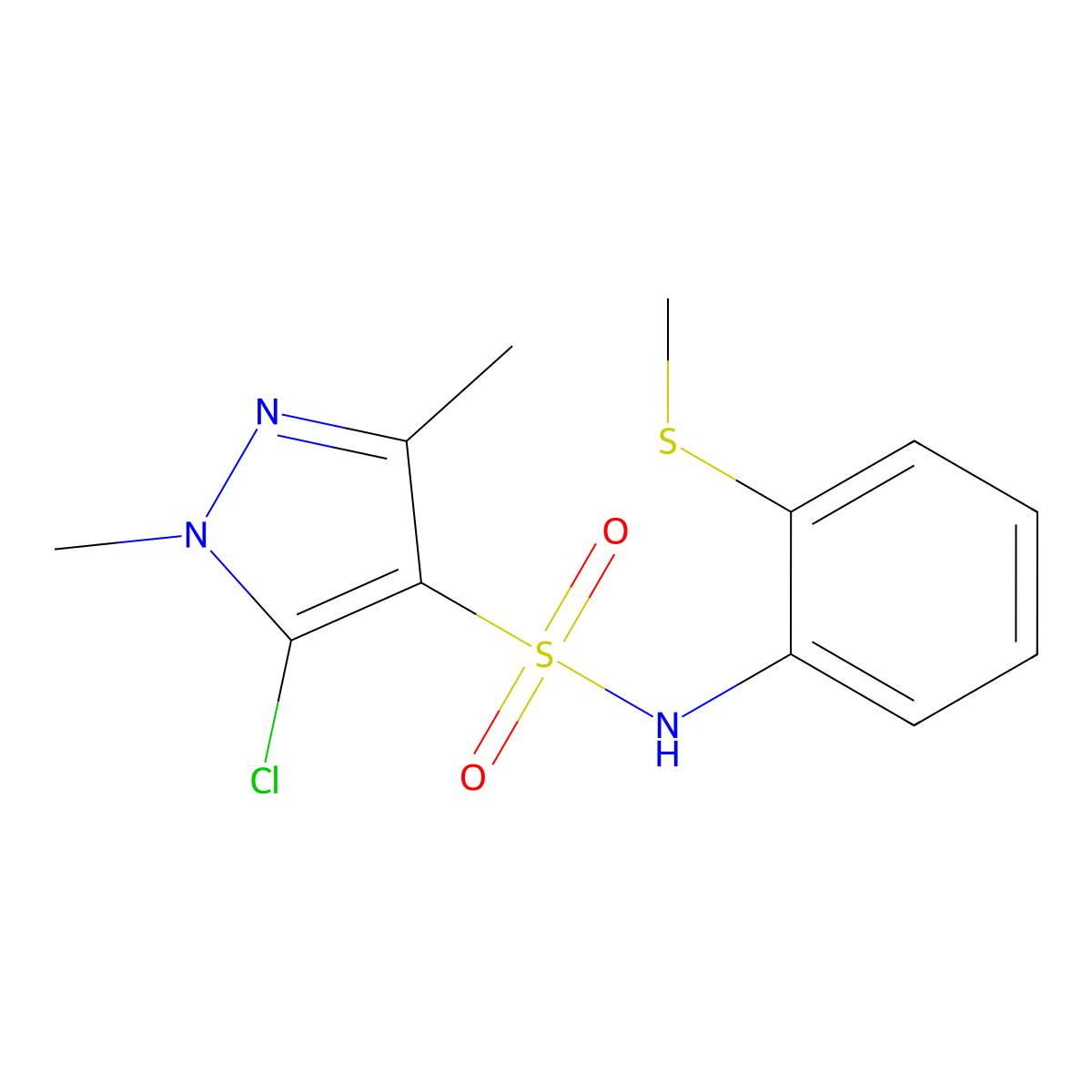 5-chloro-1,3-dimethyl-N-(2-methylsulfanylphenyl)pyrazole-4-sulfonamide molecular structure, CAS 647825-39-6