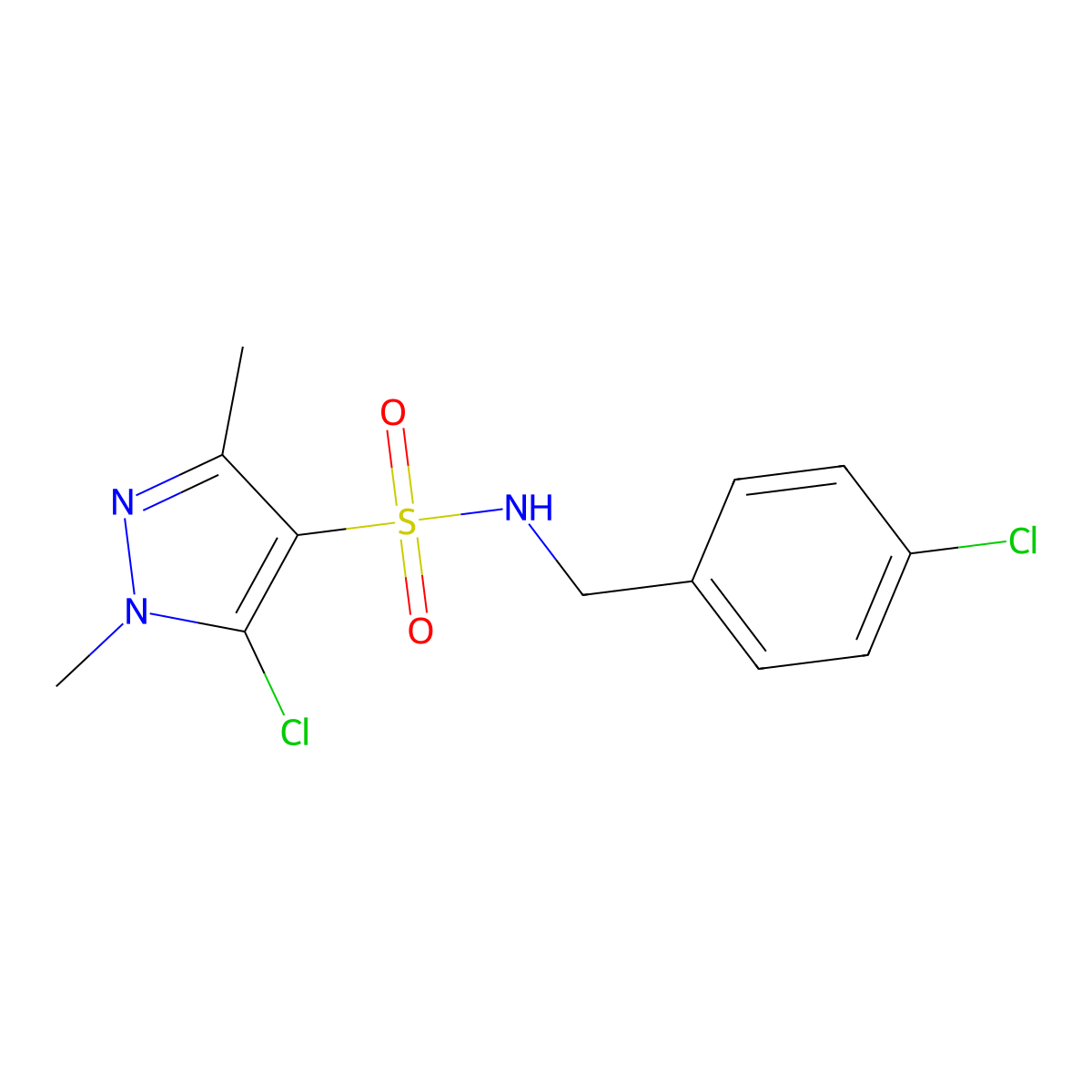 5-chloro-N-[(4-chlorophenyl)methyl]-1,3-dimethylpyrazole-4-sulfonamide molecular structure, CAS 647825-53-4