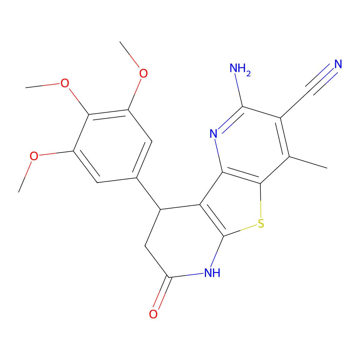 2-Amino-4-methyl-7-oxo-9-(3,4,5-trimethoxyphenyl)-6,7,8,9-tetrahydrothieno[2,3-b:4,5-b']dipyridine-3-carbonitrile molecular structure, CAS 647830-12-4