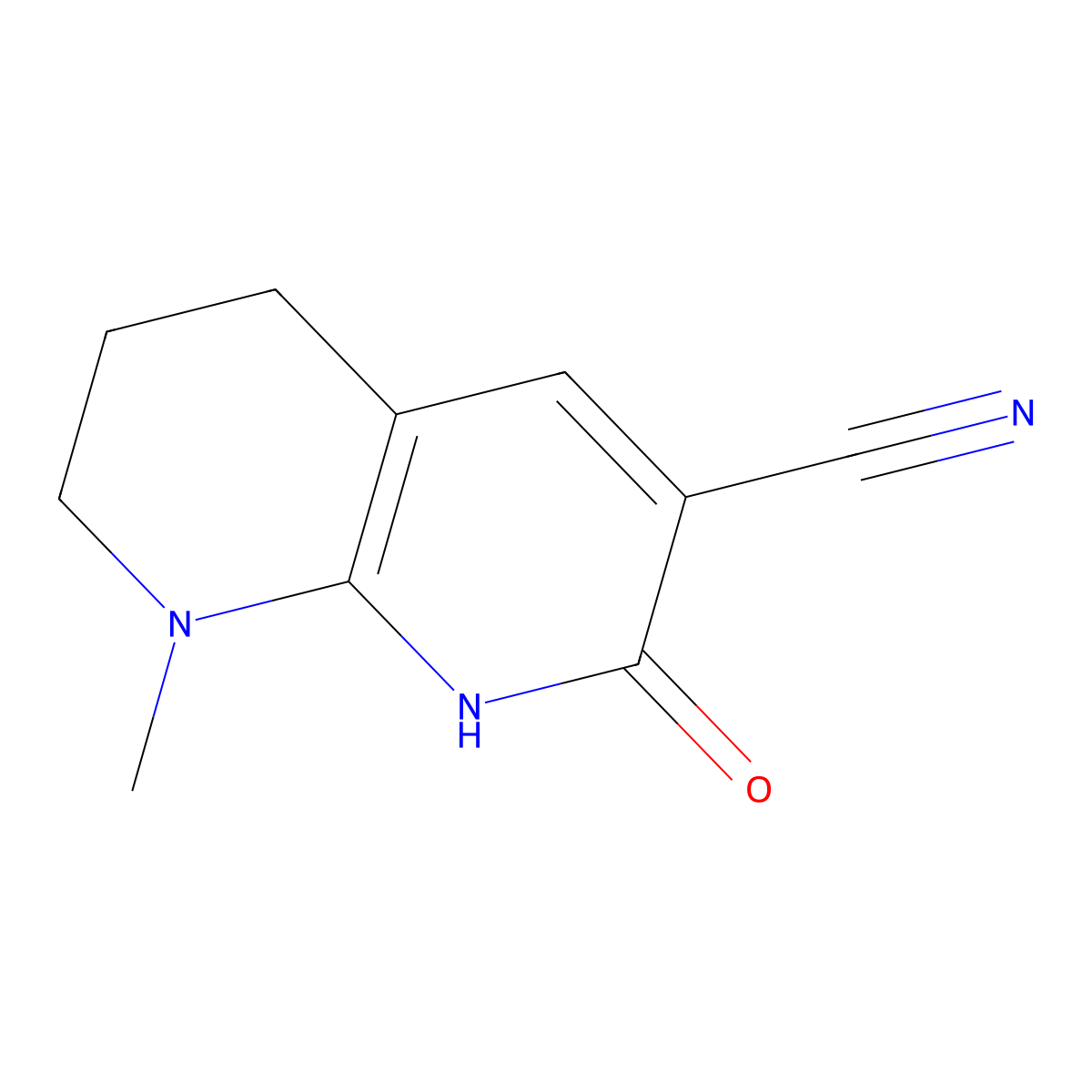 8-Methyl-2-oxo-1,5,6,7-tetrahydro-1,8-naphthyridine-3-carbonitrile molecular structure, CAS 64792-42-3