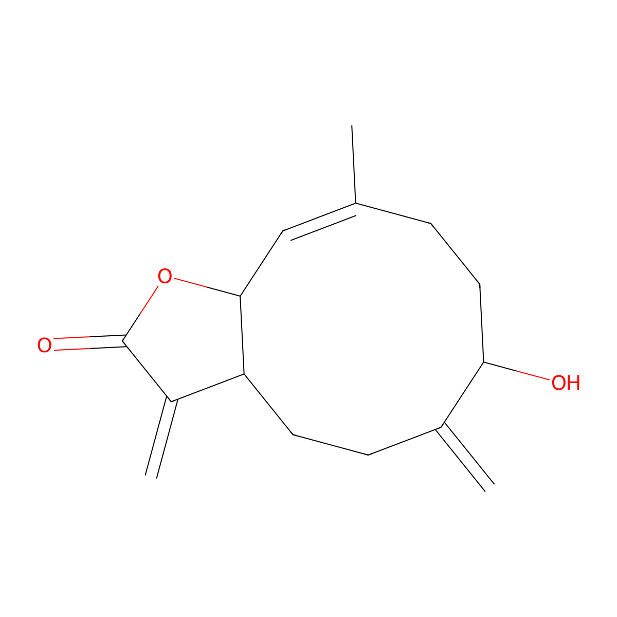 (3aS,7R,10E,11aR)-3a,4,5,6,7,8,9,11a-Octahydro-7-hydroxy-10-methyl-3,6-bis(methylene)cyclodeca(b)furan-2(3H)-one molecular structure, CAS 64845-92-7