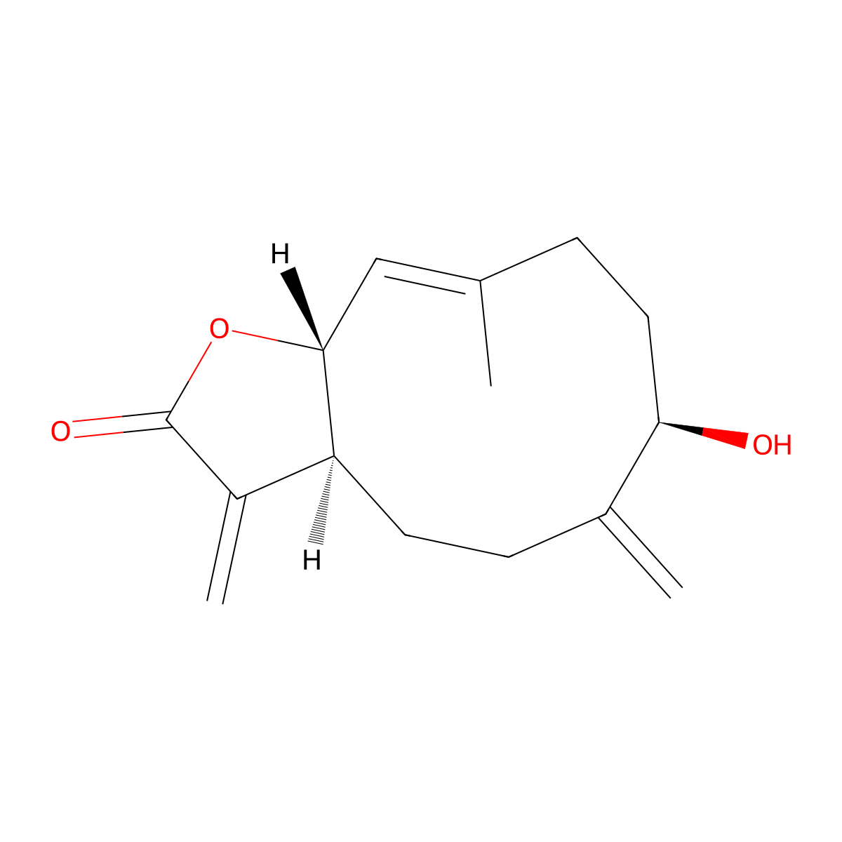 (3aS,7R,10E,11aR)-3a,4,5,6,7,8,9,11a-Octahydro-7-hydroxy-10-methyl-3,6-bis(methylene)cyclodeca(b)furan-2(3H)-one molecular structure, CAS 64845-92-7
