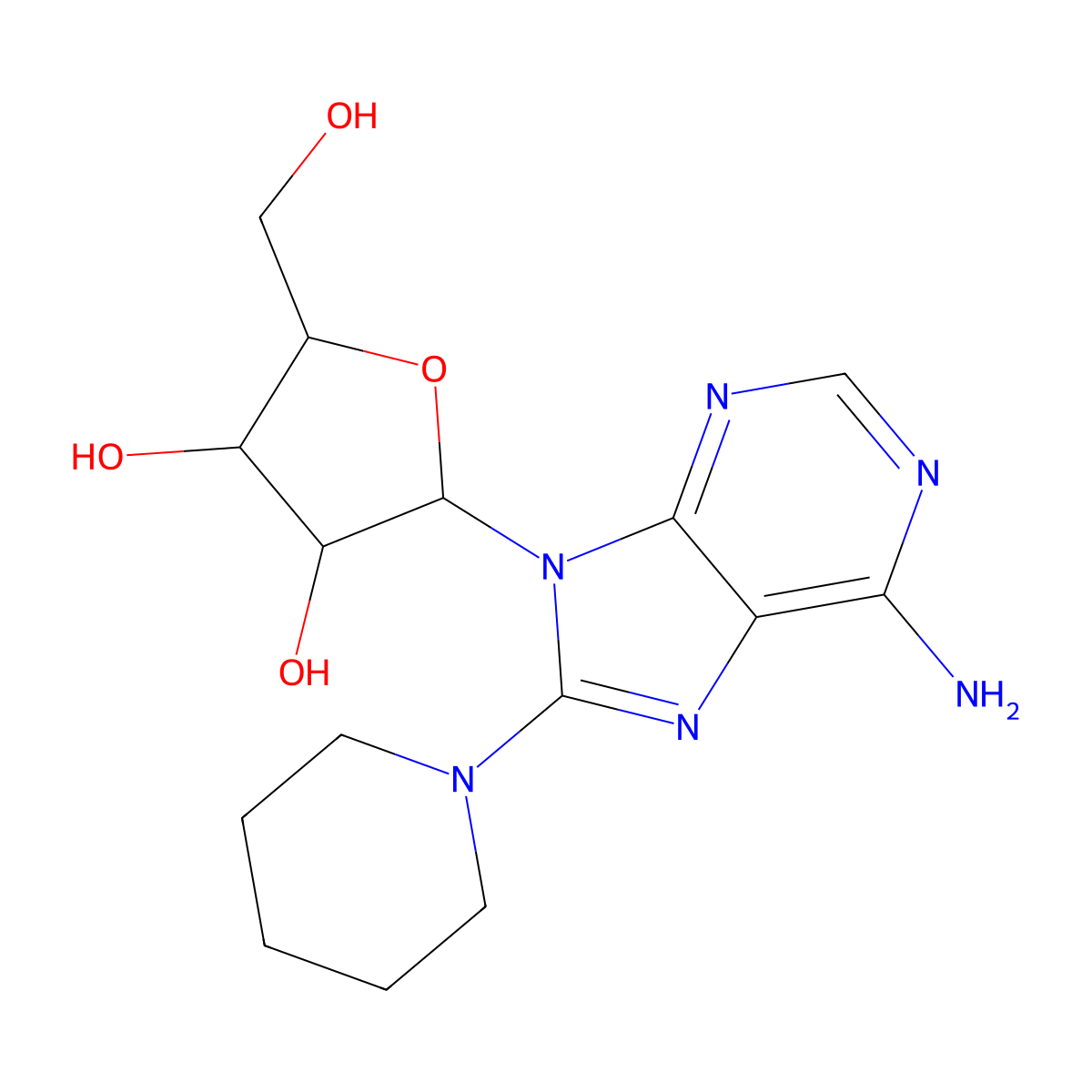 9-pentofuranosyl-8-(piperidin-1-yl)-9H-purin-6-amine molecular structure, CAS 64854-86-0