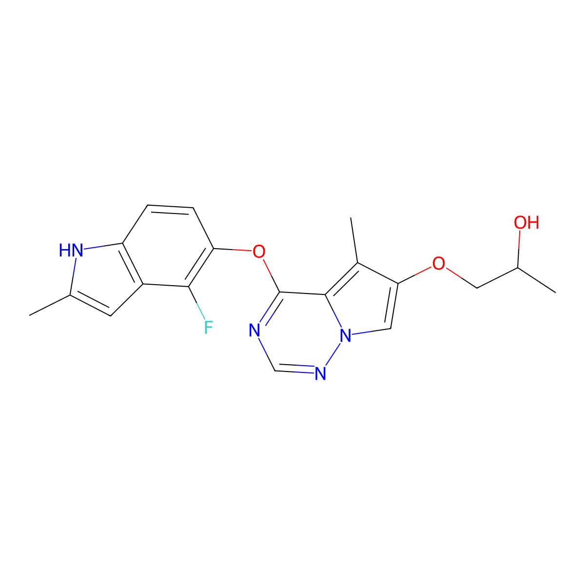 1-[[4-[(4-fluoro-2-methyl-1H-indol-5-yl)oxy]-5-methyl-6-pyrrolo[2,1-f][1,2,4]triazinyl]oxy]-2-propanol molecular structure, CAS 649735-47-7