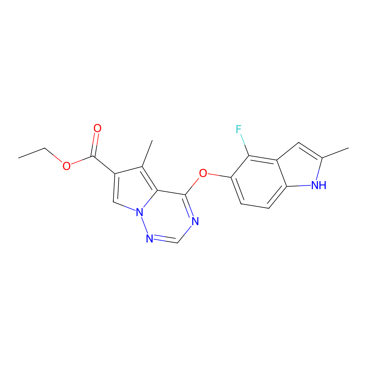 Ethyl 4-((4-fluoro-2-methyl-1H-indol-5-yl)oxy)-5-methylpyrrolo[2,1-f][1,2,4]triazine-6-carboxylate molecular structure, CAS 649736-29-8