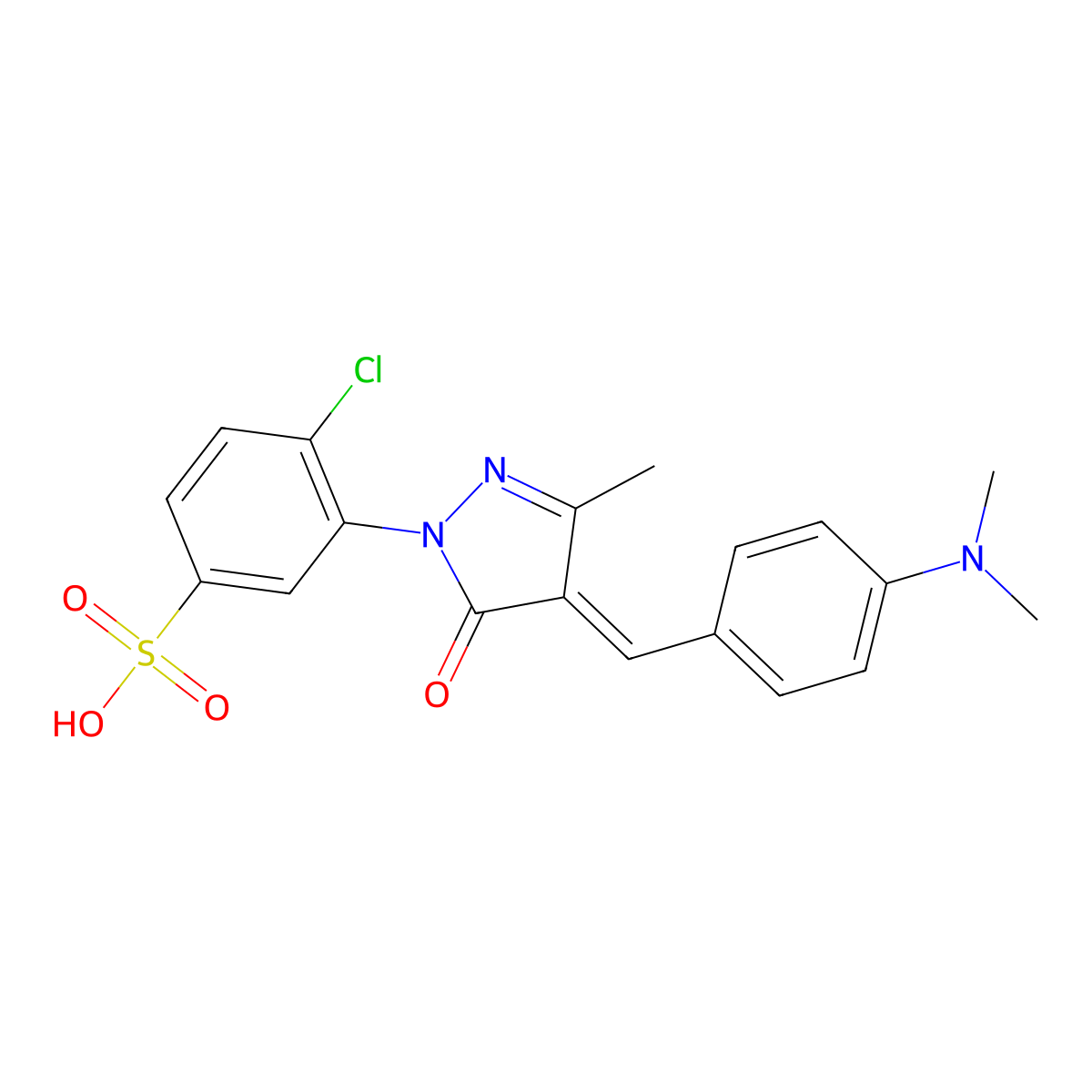 Benzenesulfonic acid, 4-chloro-3-(4-((4-(dimethylamino)phenyl)methylene)-4,5-dihydro-3-methyl-5-oxo-1H-pyrazol-1-yl)- molecular structure, CAS 65036-66-0
