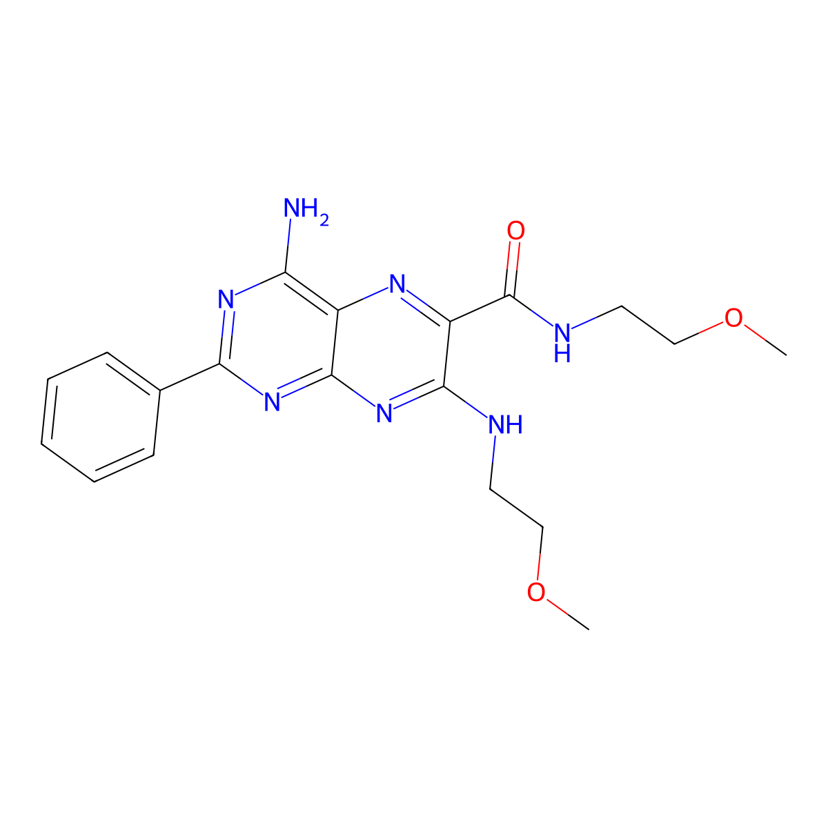 6-Pteridinecarboxamide, 4-amino-N-(2-methoxyethyl)-7-((2-methoxyethyl)amino)-2-phenyl- molecular structure, CAS 6504-77-4