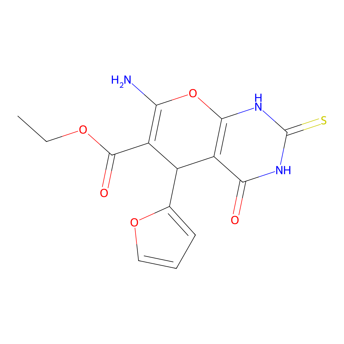 Ethyl 7-amino-5-(furan-2-yl)-4-oxo-2-sulfanylidene-1,5-dihydropyrano[2,3-d]pyrimidine-6-carboxylate molecular structure, CAS 6505-02-8