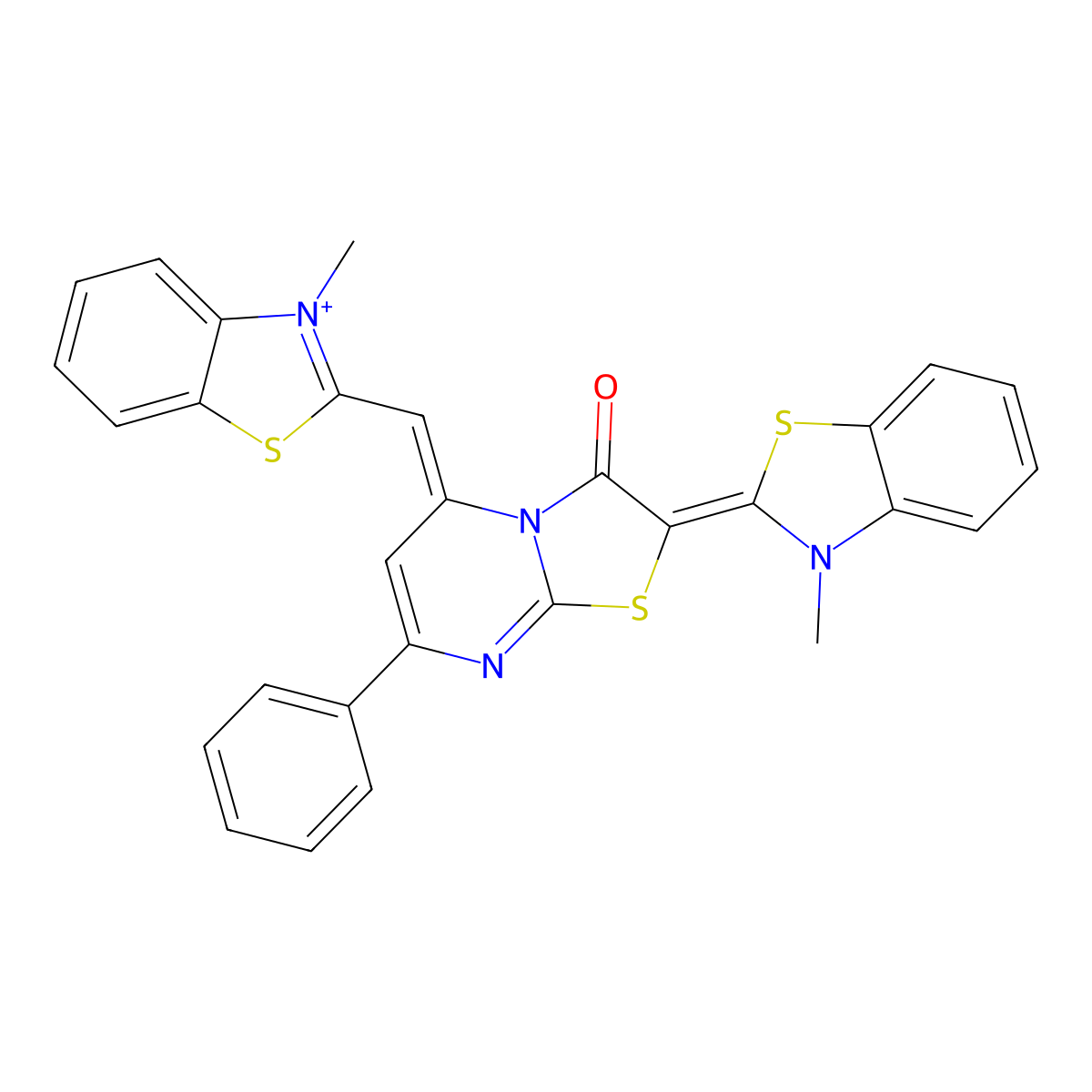 5-[(3-Methyl-1,3-benzothiazol-3-ium-2-yl)methylidene]-2-(3-methyl-1,3-benzothiazol-2-ylidene)-7-phenyl-[1,3]thiazolo[3,2-a]pyrimidin-3-one molecular structure, CAS 6505-85-7