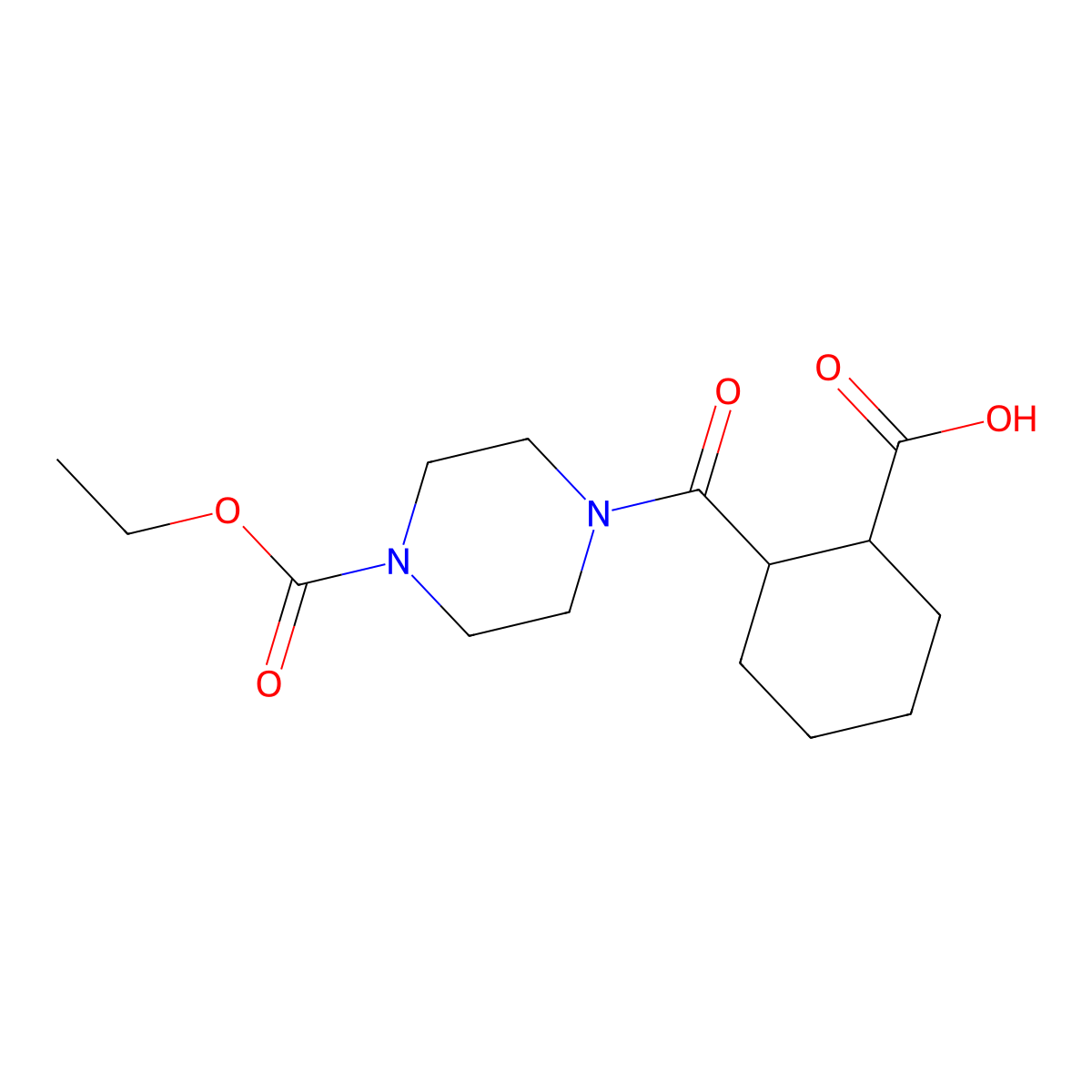 2-(4-ethoxycarbonylpiperazine-1-carbonyl)cyclohexane-1-carboxylic Acid molecular structure, CAS 650588-19-5