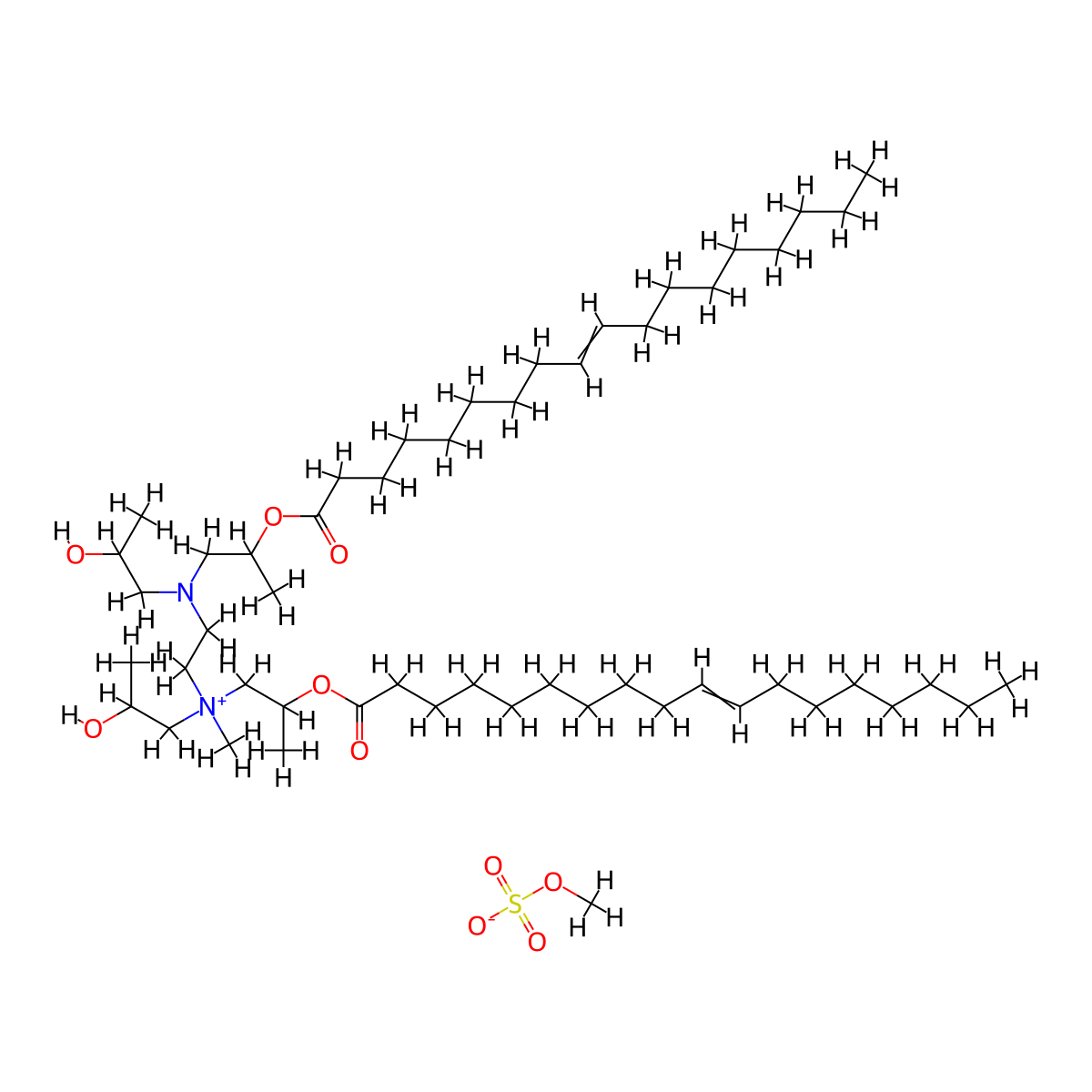 1-Propanaminium, N-[2-[bis(2-hydroxypropyl)amino]ethyl]-2-hydroxy-N-(2-hydroxypropyl)-N-methyl-, di-(9Z)-9-octadecenoate (ester), methyl sulfate (salt) molecular structure, CAS 65059-61-2