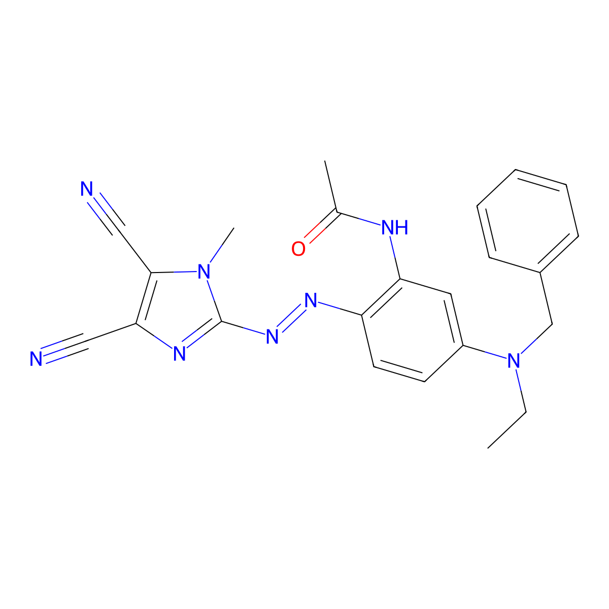 N-(2-(2-(4,5-Dicyano-1-methyl-1H-imidazol-2-yl)diazenyl)-5-(ethyl(phenylmethyl)amino)phenyl)acetamide molecular structure, CAS 65059-82-7