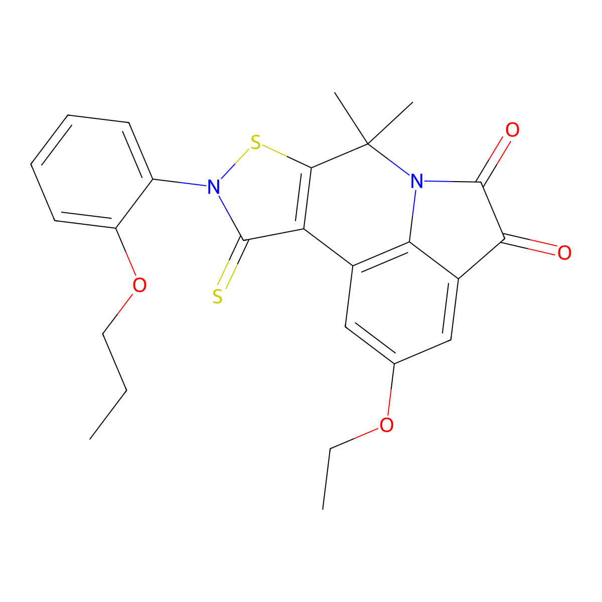 2-ethoxy-7,7-dimethyl-9-(2-propoxyphenyl)-10-thioxo-9,10-dihydro-7H-isothiazolo[5,4-c]pyrrolo[3,2,1-ij]quinoline-4,5-dione molecular structure, CAS 650592-68-0