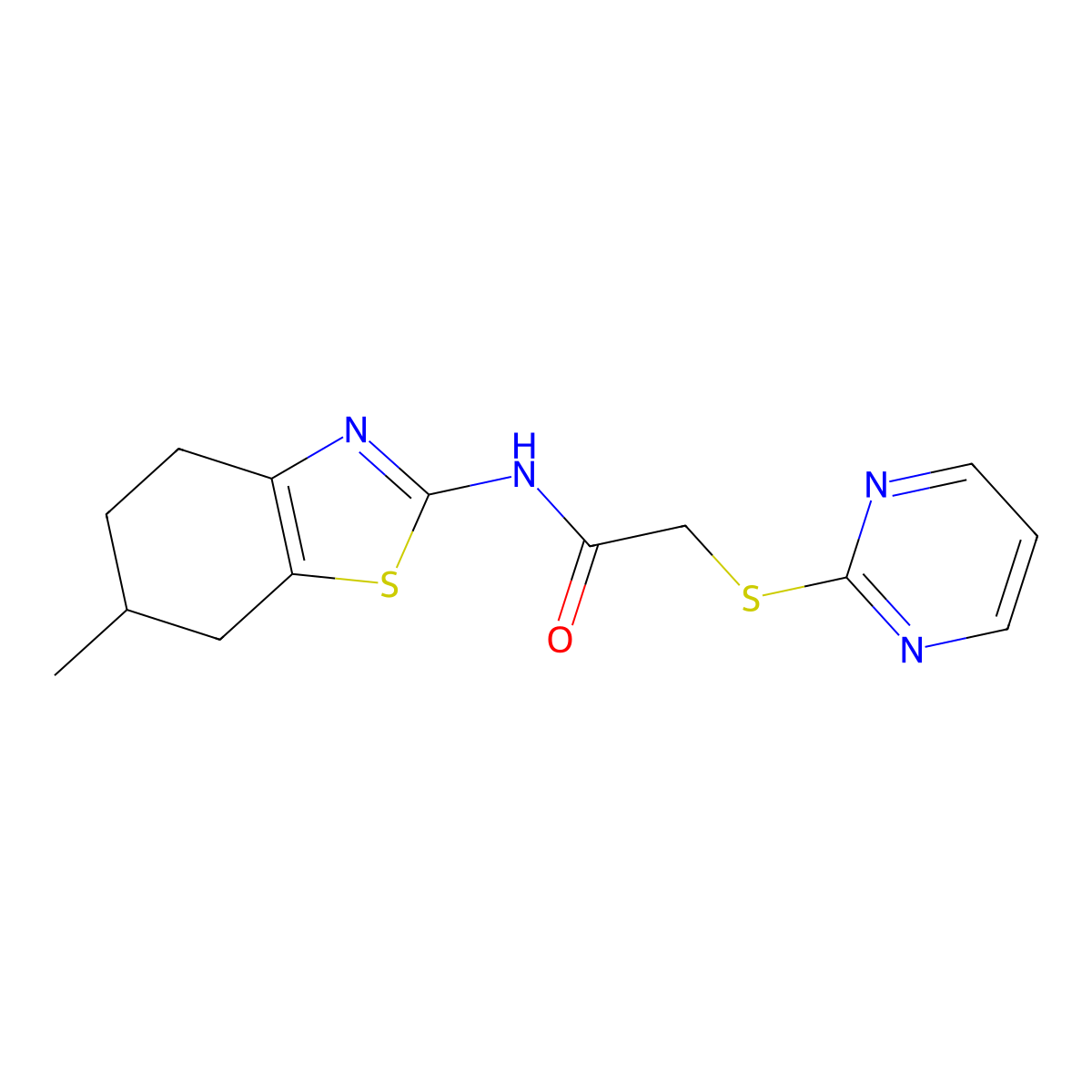 N-(6-methyl-4,5,6,7-tetrahydro-1,3-benzothiazol-2-yl)-2-(pyrimidin-2-ylsulfanyl)acetamide molecular structure, CAS 650592-71-5