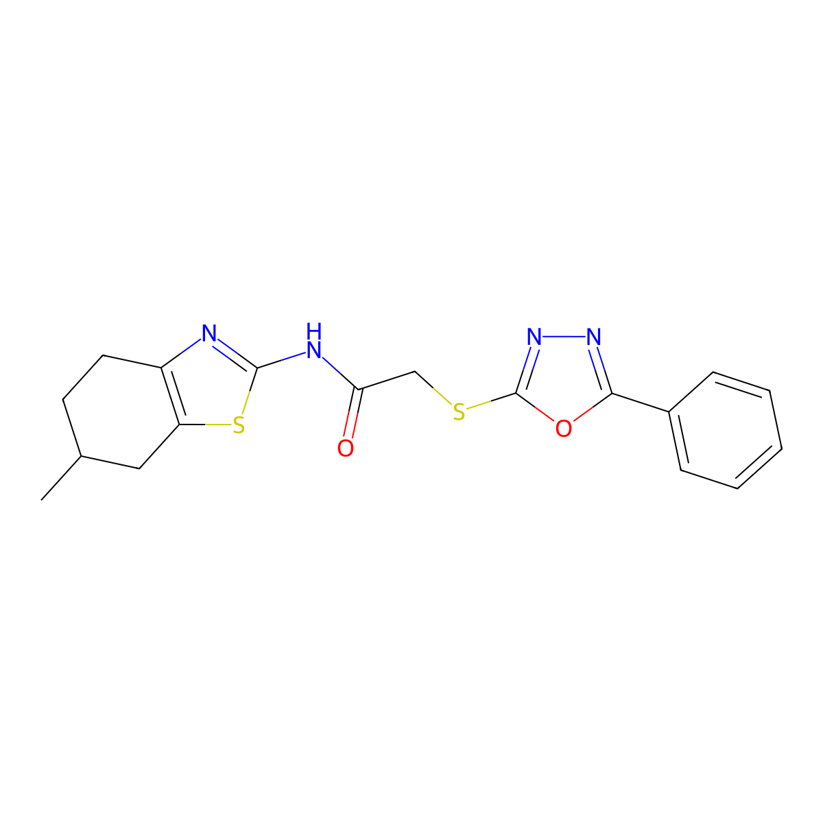 N-(6-methyl-4,5,6,7-tetrahydro-1,3-benzothiazol-2-yl)-2-[(5-phenyl-1,3,4-oxadiazol-2-yl)sulfanyl]acetamide molecular structure, CAS 650592-72-6