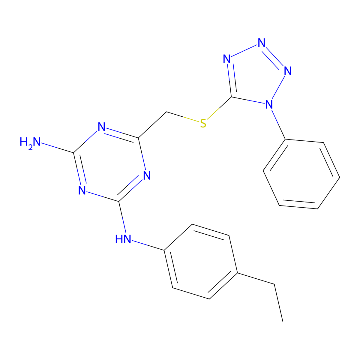 N-(4-ethylphenyl)-6-{[(1-phenyl-1H-tetrazol-5-yl)thio]methyl}-1,3,5-triazine-2,4-diamine molecular structure, CAS 650592-92-0
