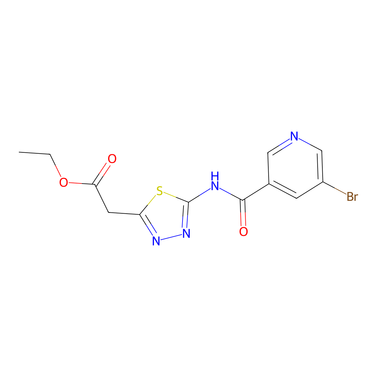 Ethyl (5-{[(5-bromopyridin-3-yl)carbonyl]amino}-1,3,4-thiadiazol-2-yl)acetate molecular structure, CAS 650594-62-0