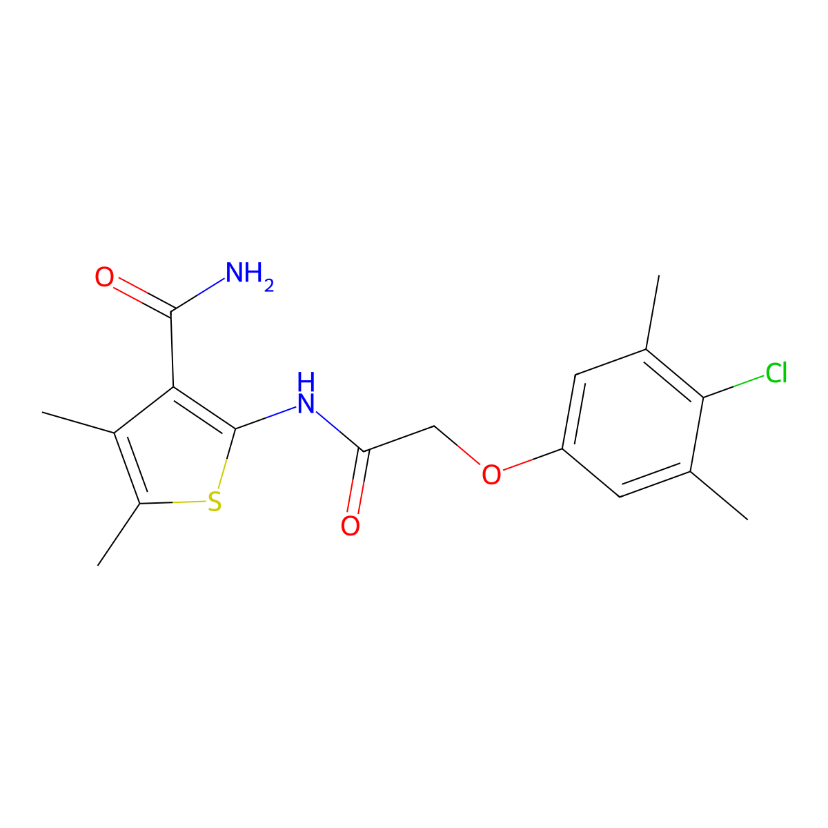 2-{[(4-Chloro-3,5-dimethylphenoxy)acetyl]amino}-4,5-dimethyl-3-thiophenecarboxamide molecular structure, CAS 650614-42-9
