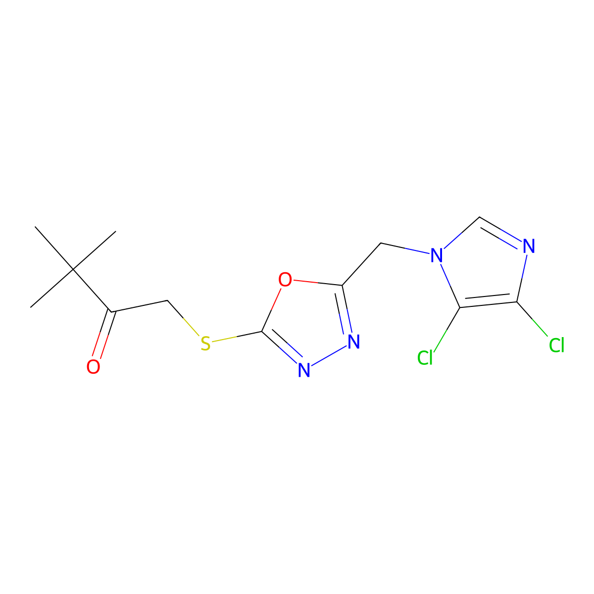 1-((5-((4,5-Dichloro-1H-imidazol-1-yl)methyl)-1,3,4-oxadiazol-2-yl)thio)-3,3-dimethylbutan-2-one molecular structure, CAS 650617-20-2
