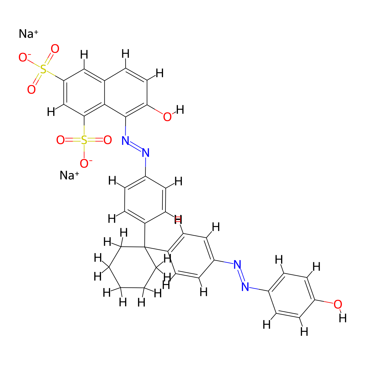 1,3-naphthalenedisulfonic acid, 7-hydroxy-8-((4-(1-(4-((4-hydroxyphenyl)azo)phenyl)cyclohexyl)phenyl)azo)-, disodium salt molecular structure, CAS 6507-77-3