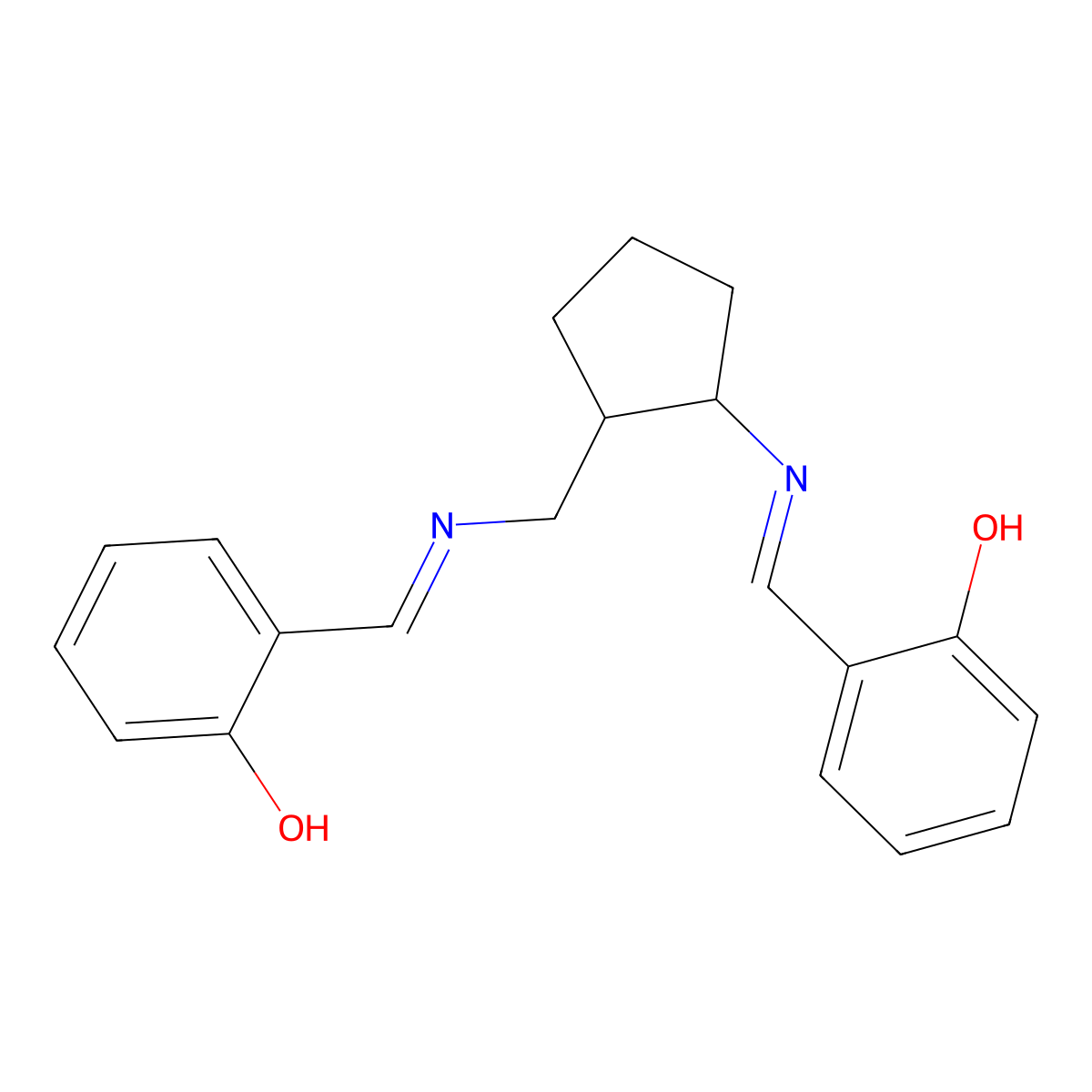 Phenol, 2-[[[[2-[[(2-hydroxyphenyl)methylene]amino]cyclopentyl]methyl]imino]methyl]- molecular structure, CAS 65087-12-9