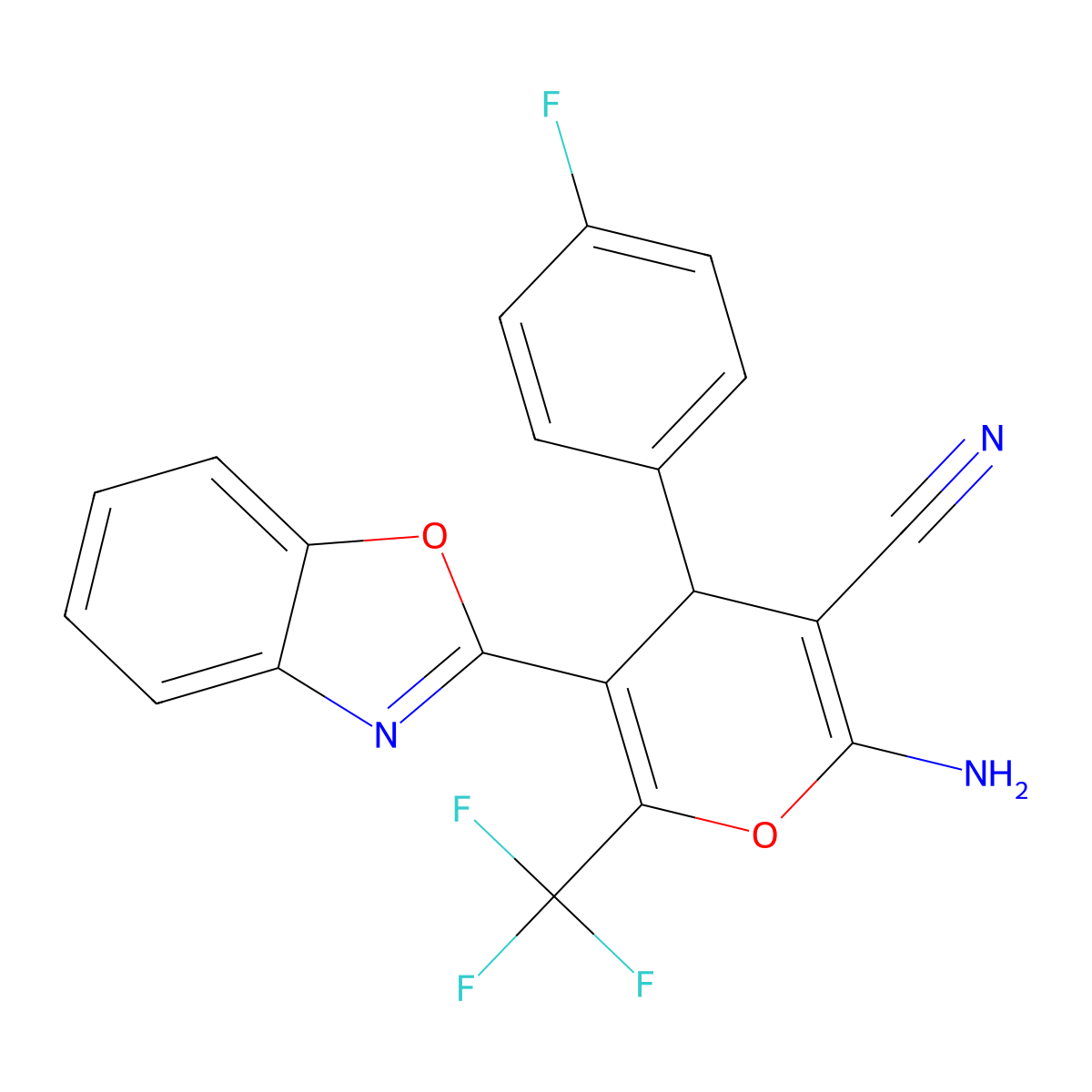 2-amino-5-(1,3-benzoxazol-2-yl)-4-(4-fluorophenyl)-6-(trifluoromethyl)-4H-pyran-3-carbonitrile molecular structure, CAS 6509-43-9