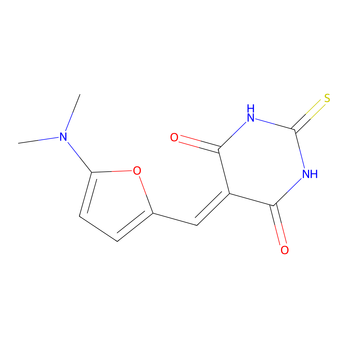 5-{[5-(Dimethylamino)-2-furyl]methylene}-2-thioxodihydropyrimidine-4,6(1h,5h)-dione molecular structure, CAS 6509-66-6