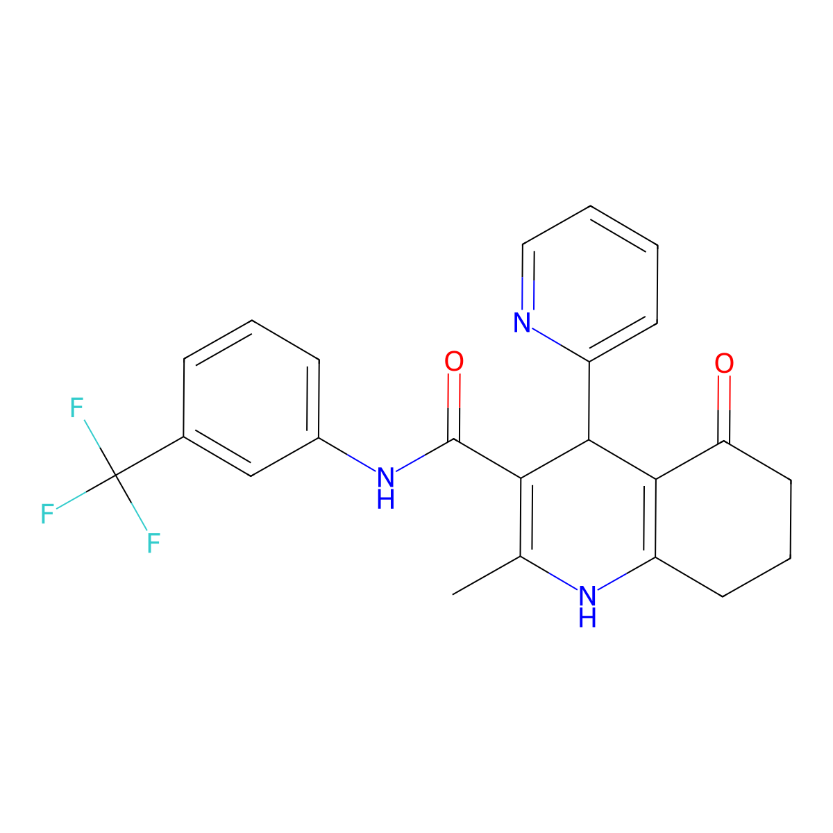2-methyl-5-oxo-4-pyridin-2-yl-N-[3-(trifluoromethyl)phenyl]-4,6,7,8-tetrahydro-1H-quinoline-3-carboxamide molecular structure, CAS 6511-23-5