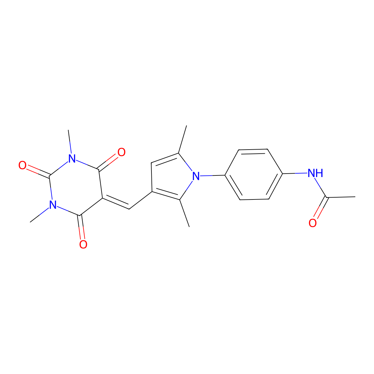 N-(4-{3-[(1,3-dimethyl-2,4,6-trioxotetrahydropyrimidin-5(2H)-ylidene)methyl]-2,5-dimethyl-1H-pyrrol-1-yl}phenyl)acetamide molecular structure, CAS 6511-29-1