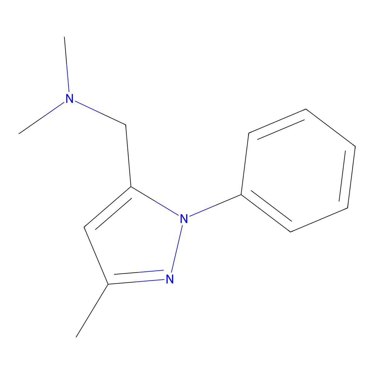 Dimethyl[(3-methyl-1-phenylpyrazol-5-yl)methyl]amine molecular structure, CAS 6511-44-0