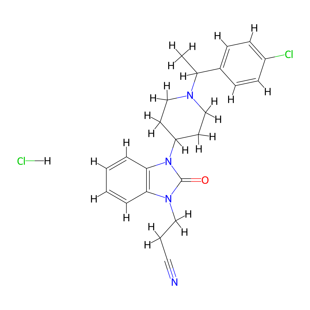 Benzimidazoline-1-propionitrile, 3-(1-(p-chloro-alpha-methylbenzyl)4-piperidyl)-2-oxo-, hydrochloride molecular structure, CAS 6511-82-6