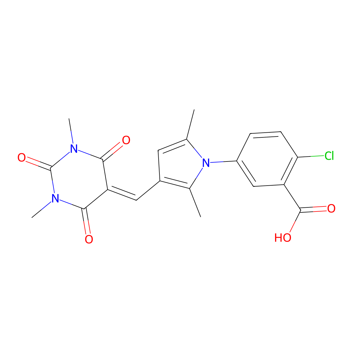 2-chloro-5-{3-[(1,3-dimethyl-2,4,6-trioxotetrahydropyrimidin-5(2H)-ylidene)methyl]-2,5-dimethyl-1H-pyrrol-1-yl}benzoic acid molecular structure, CAS 6512-98-7