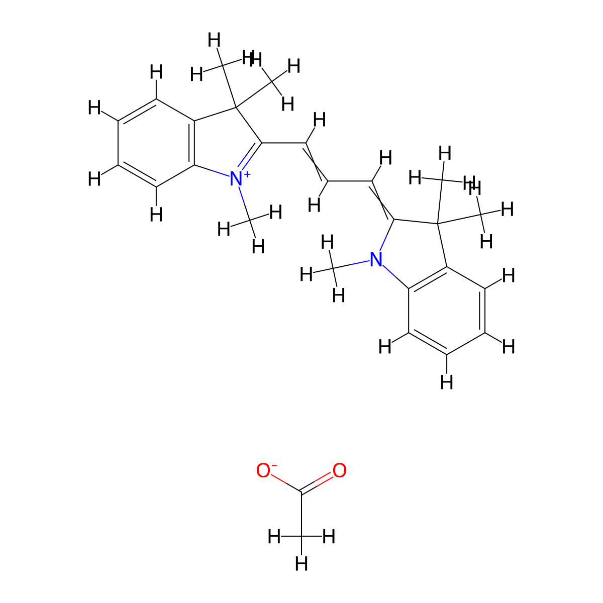 3H-Indolium, 2-(3-(1,3-dihydro-1,3,3-trimethyl-2H-indol-2-ylidene)-1-propen-1-yl)-1,3,3-trimethyl-, acetate (1:1) molecular structure, CAS 65122-08-9