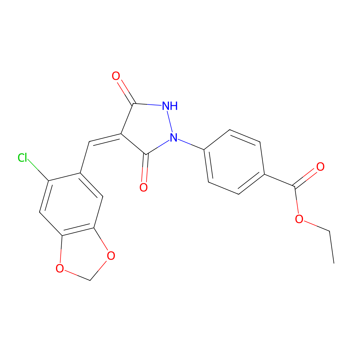 Ethyl 4-[4-[(6-chloro-1,3-benzodioxol-5-yl)methylidene]-3,5-dioxopyrazolidin-1-yl]benzoate molecular structure, CAS 6513-93-5