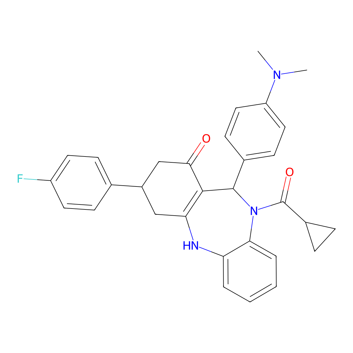 10-(cyclopropylcarbonyl)-11-[4-(dimethylamino)phenyl]-3-(4-fluorophenyl)-2,3,4,5,10,11-hexahydro-1H-dibenzo[b,e][1,4]diazepin-1-one molecular structure, CAS 651302-66-8