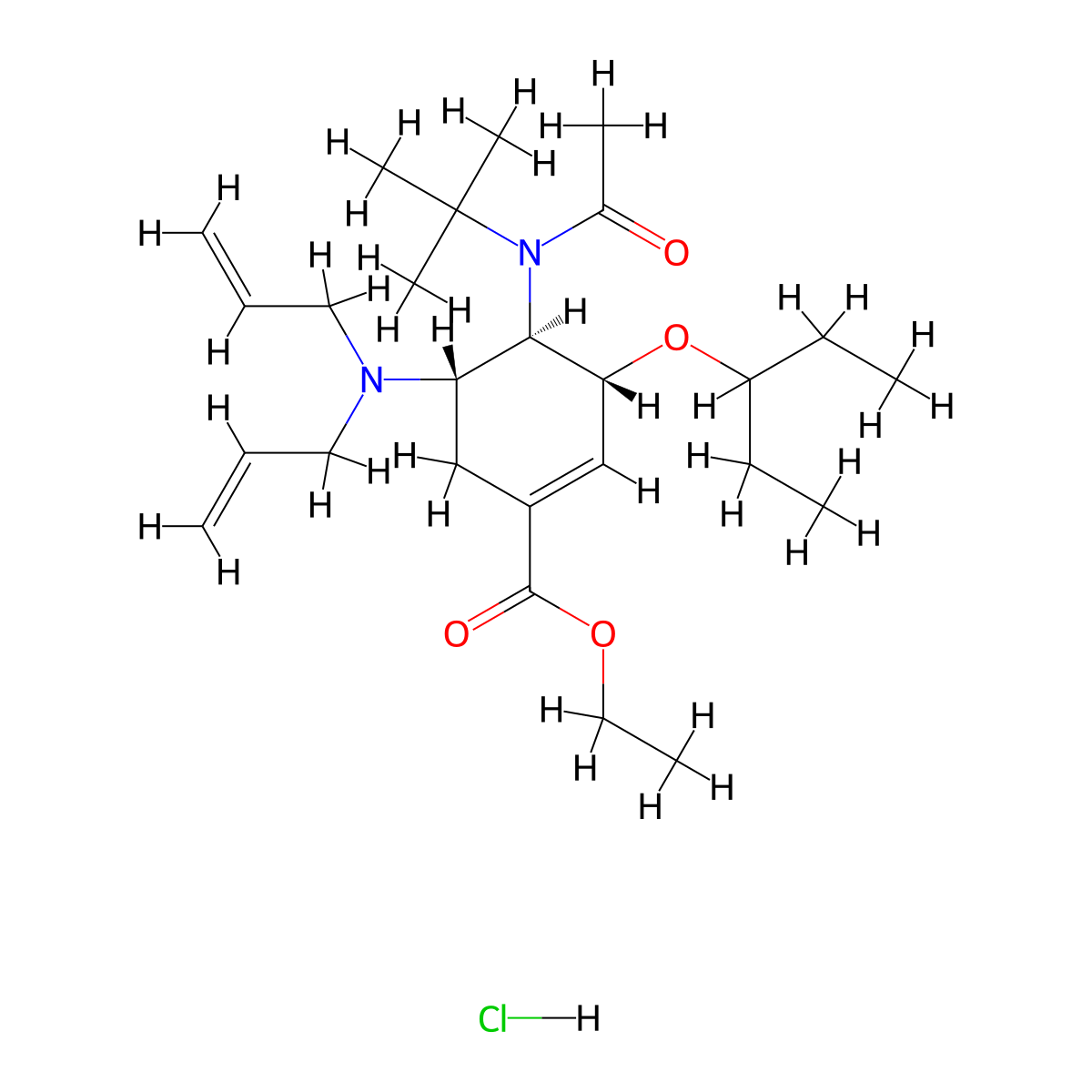Ethyl (3R,4R,5S)-4-(acetyl(tert-butyl)amino)-5-(di(prop-2-en-1-yl)amino)-3-((pentan-3-yl)oxy)cyclohex-1-ene-1-carboxylate--hydrogen chloride (1/1) molecular structure, CAS 651324-08-2