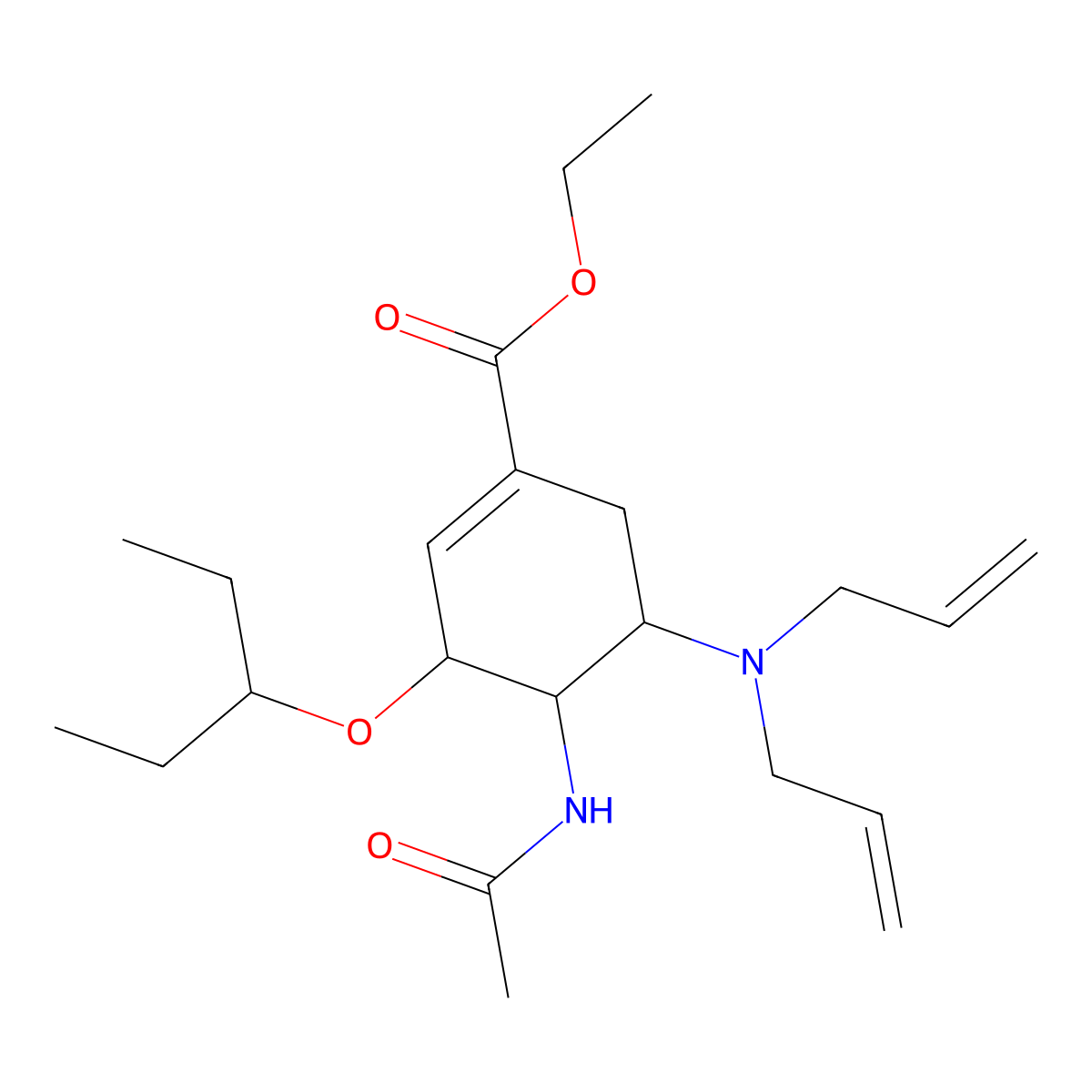Ethyl (3R,4R,5S)-4-(acetylamino)-5-(di-2-propen-1-ylamino)-3-(1-ethylpropoxy)-1-cyclohexene-1-carboxylate molecular structure, CAS 651324-09-3