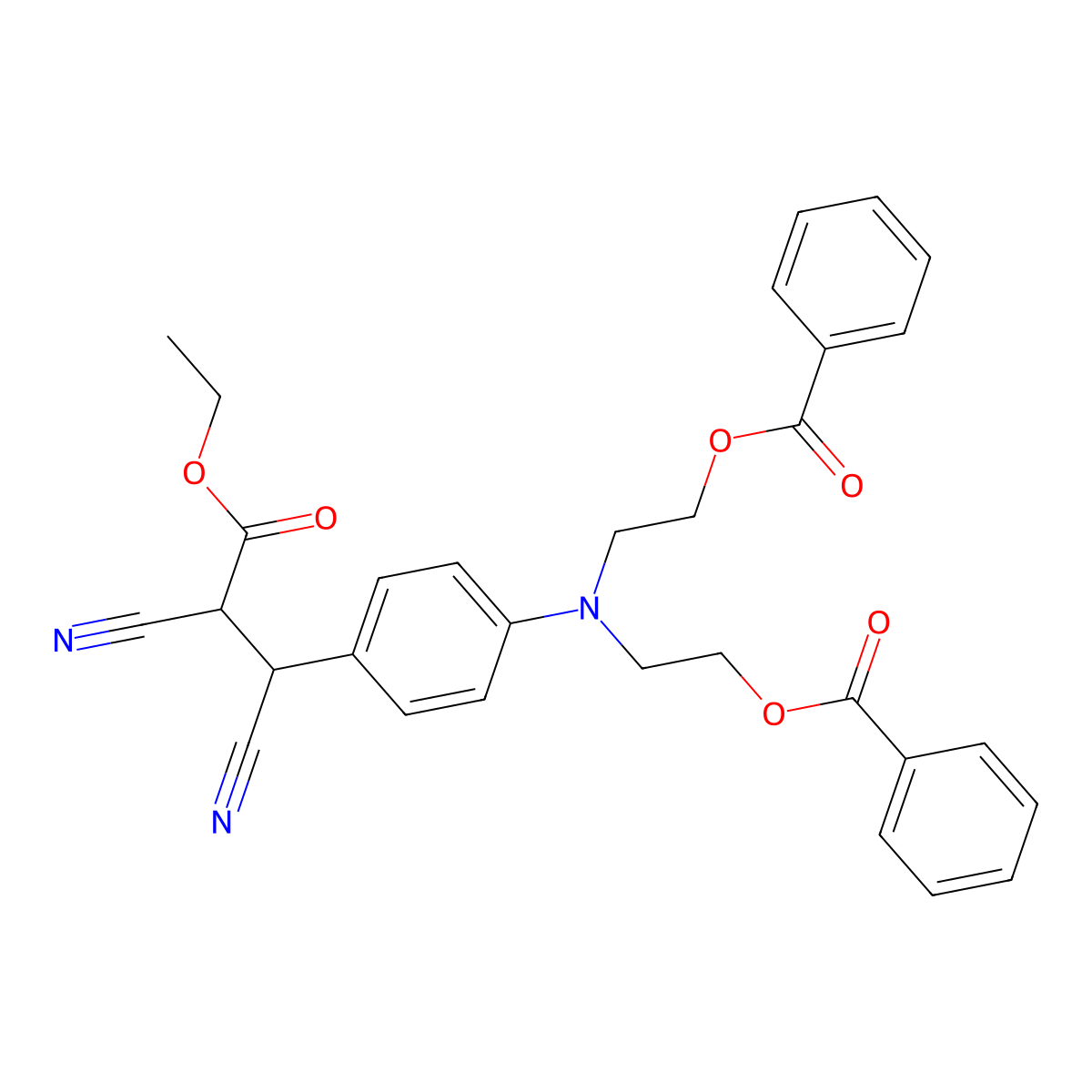 Benzenepropanoic acid, 4-(bis(2-(benzoyloxy)ethyl)amino)-alpha,beta-dicyano-, ethyl ester molecular structure, CAS 65151-61-3