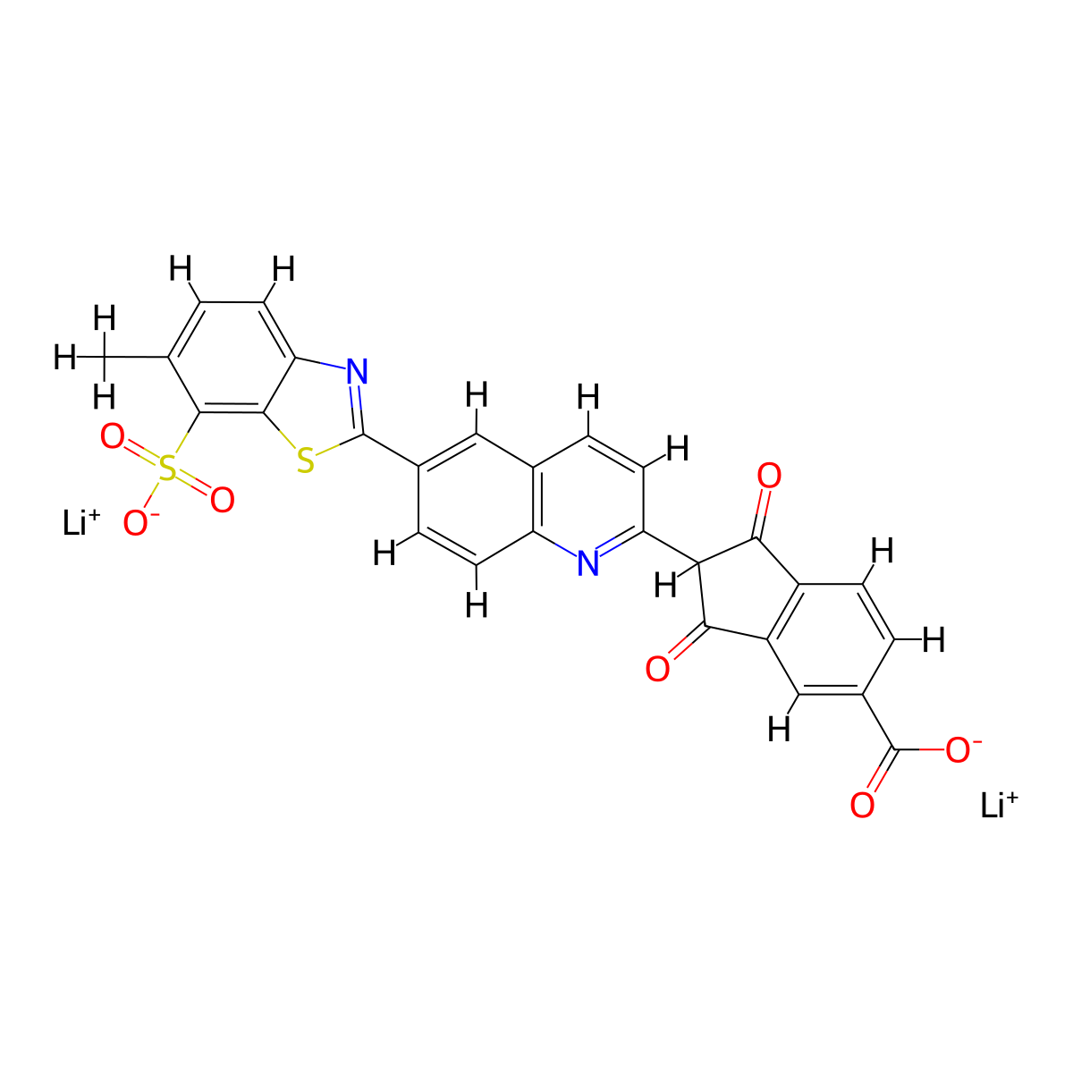 1H-Indene-5-carboxylic acid, 2,3-dihydro-2-(6-(6-methyl-7-sulfo-2-benzothiazolyl)-2-quinolinyl)-1,3-dioxo-, lithium salt (1:2) molecular structure, CAS 65151-69-1