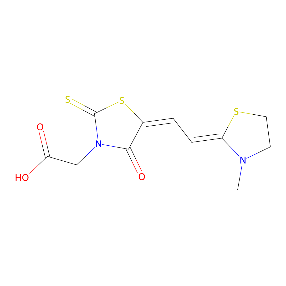 3-Thiazolidineacetic acid, 5-[(3-methyl-2-thiazolidinylidene)ethylidene]-4-oxo-2-thioxo- molecular structure, CAS 65152-09-2