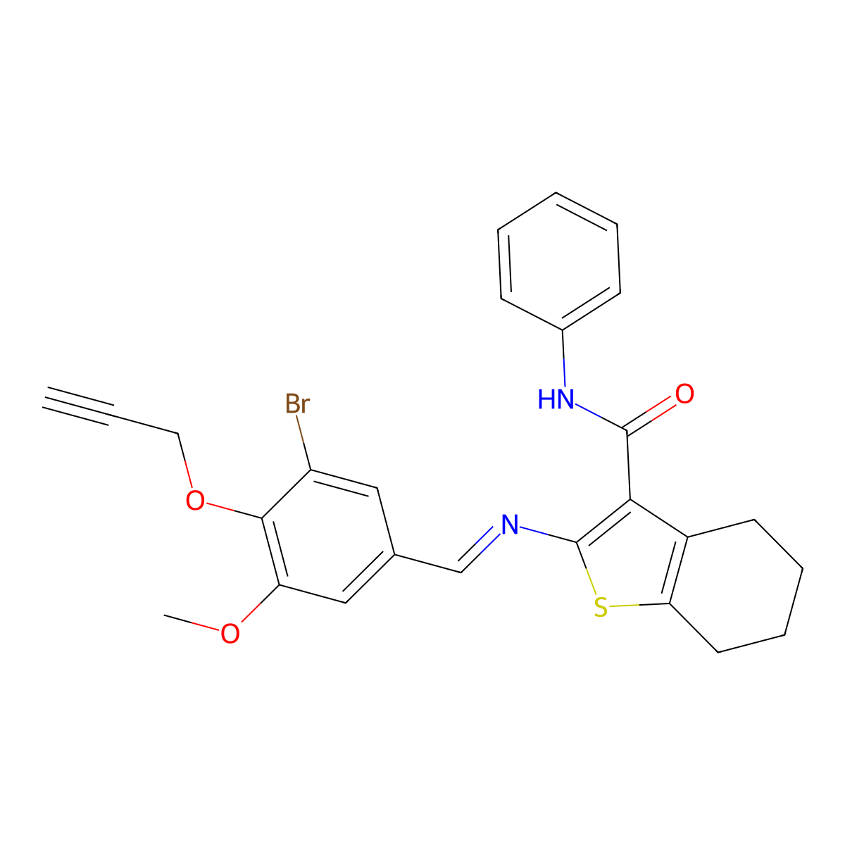 2-[(3-bromo-5-methoxy-4-prop-2-ynoxyphenyl)methylideneamino]-N-phenyl-4,5,6,7-tetrahydro-1-benzothiophene-3-carboxamide molecular structure, CAS 6516-93-4