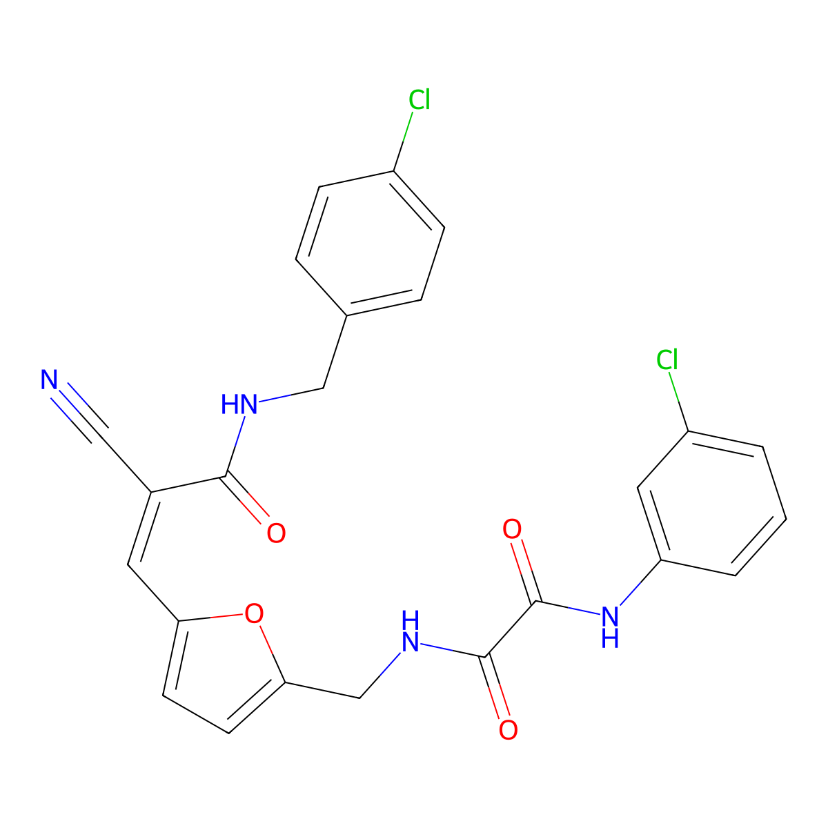 N'-(3-chlorophenyl)-N-[[5-[3-[(4-chlorophenyl)methylamino]-2-cyano-3-oxoprop-1-enyl]furan-2-yl]methyl]oxamide molecular structure, CAS 6517-60-8