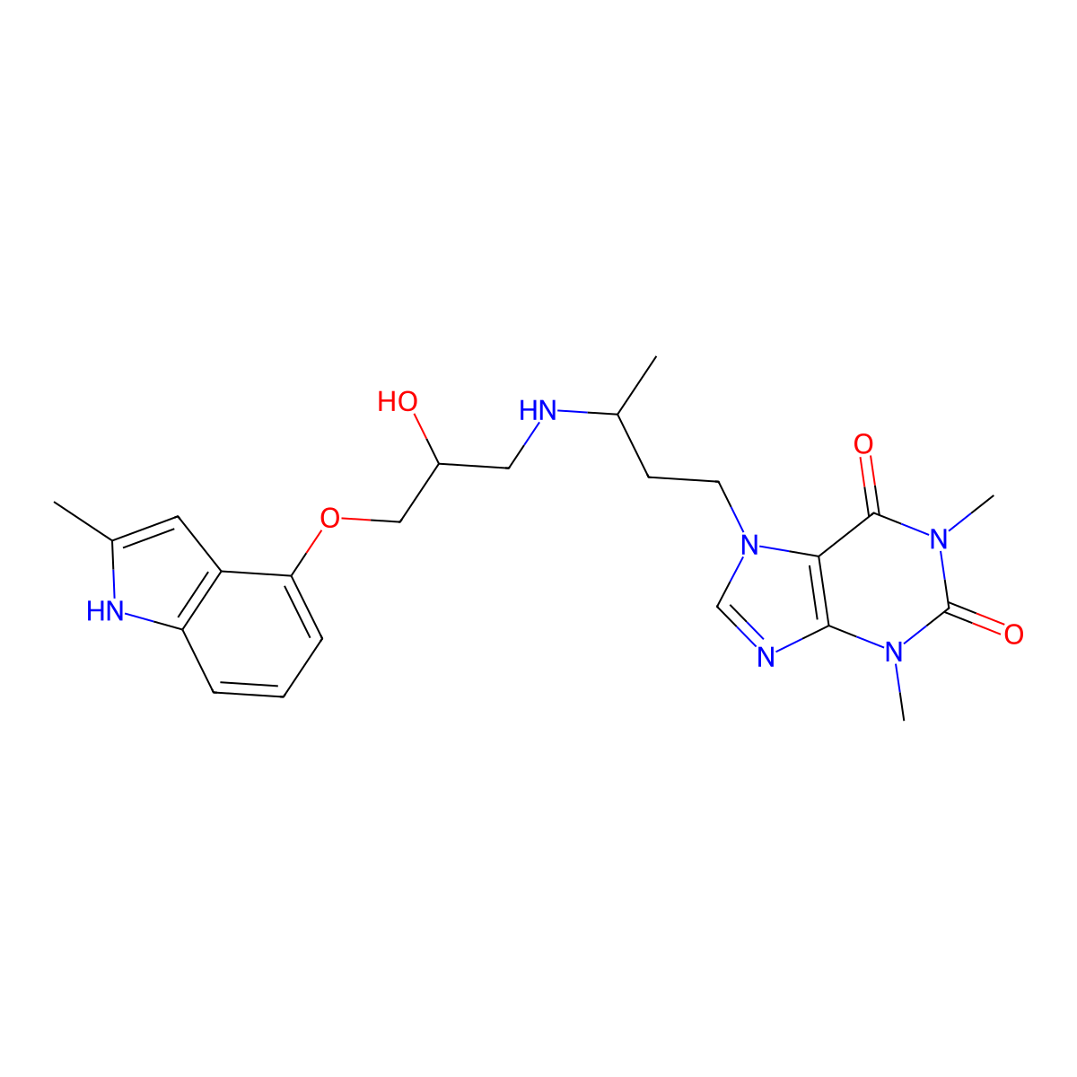 3,7-Dihydro-7-(3-((2-hydroxy-3-((2-methyl-1H-indol-4-yl)oxy)propyl)amino)butyl)-1,3-dimethyl-1H-purine-2,6-dione molecular structure, CAS 65184-10-3