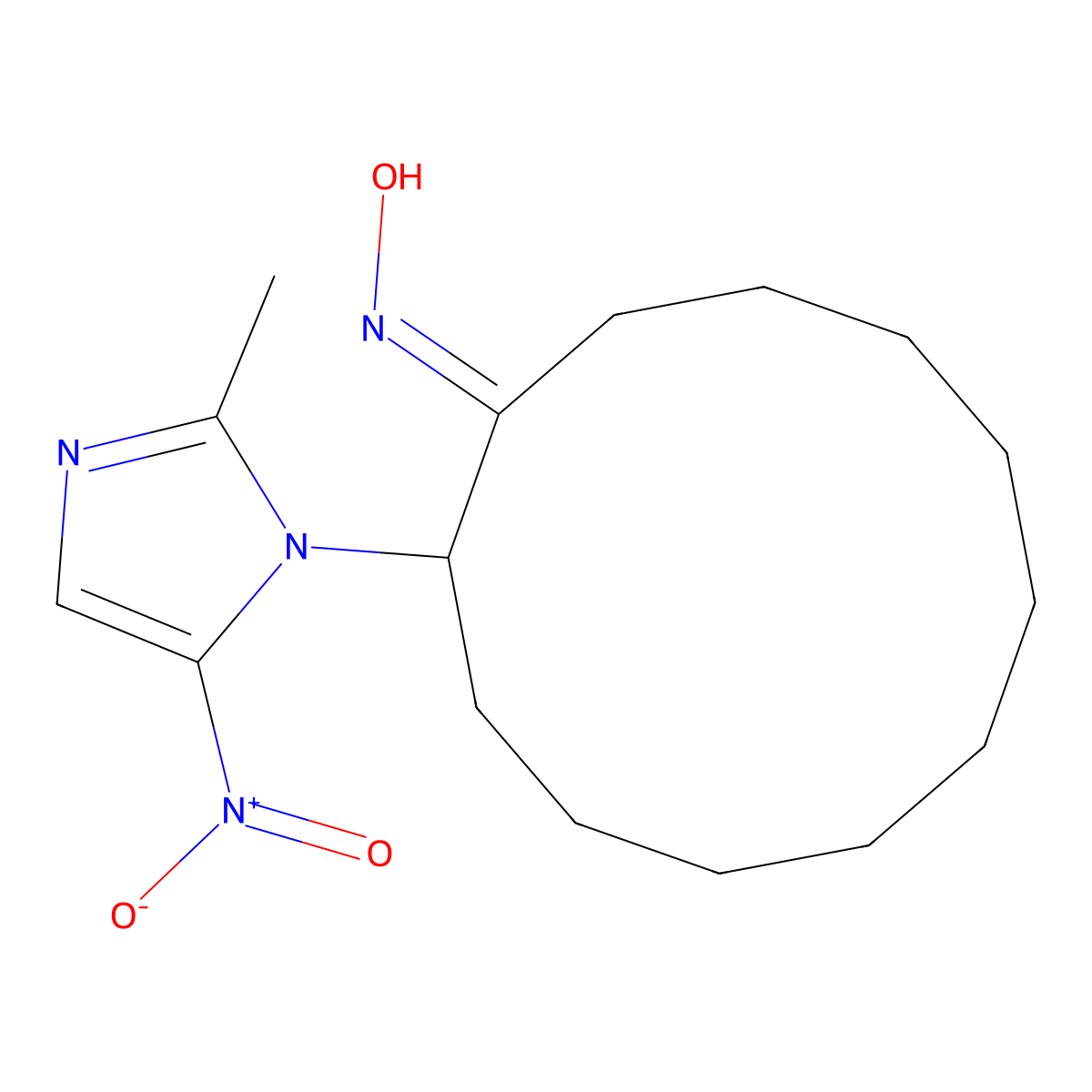 N-[2-(2-methyl-5-nitro-imidazol-1-yl)cyclododecylidene]hydroxylamine molecular structure, CAS 6521-43-3